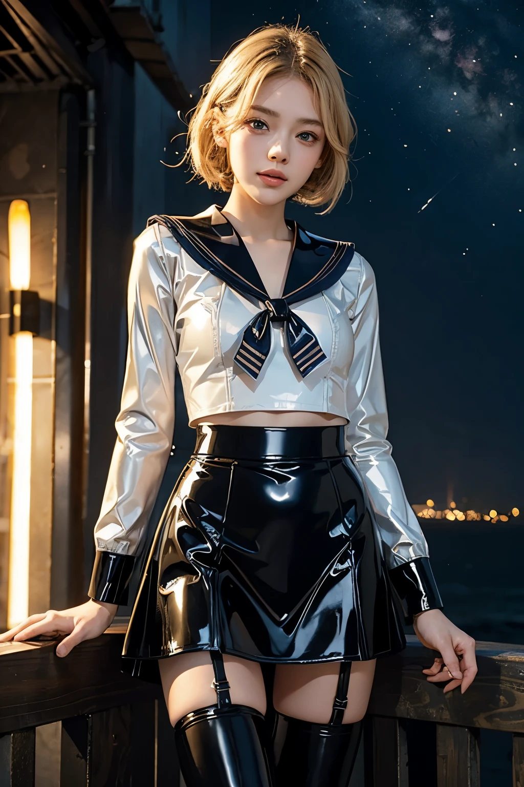 (best quality:1.4), high resolution, masterpiece, 4K, Super detailed, intricate details, Tsukino, blonde hair, blue eyes, very cute, happy, blush, (latex sailor suit:1.4), (latex skirt:1.4), (latex legwear:1.4), (small breasts:1.4), permanent, whole body, looking at the audience, miniskirt, outdoor, night, starry sky,