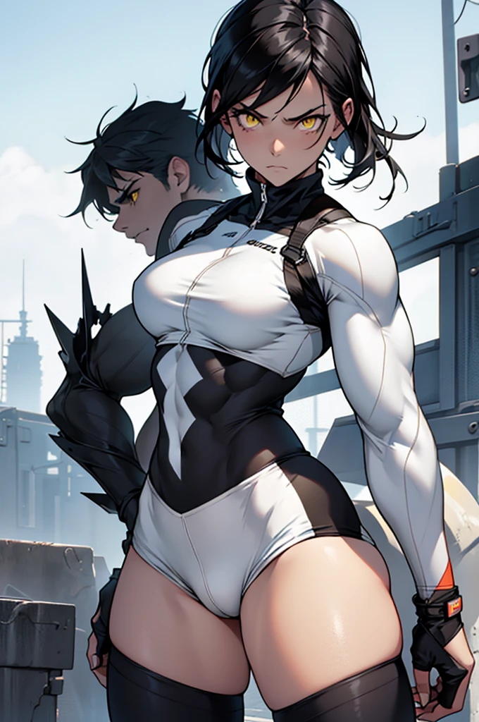perfect anatomy girl muscular girl toned body girl large breasts girl thick girl angry girl best quality girl black hair girl yellow eyes girl pale girl pale girl short leggin white,panthose black,short white
panthose