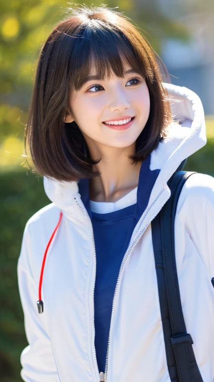 high school girl,young woman,Hairstyle(Short length,short hair,Bangs Patsun),short hair,cute,girly,adorable,face forward,accurate and perfect face,Super detailed,Realistic,correct anatomy,white parka jacket(Do not wear a hood,open the front,don't close the zipper),big breasts,body whole,whole body,whole body(slender),skin that looks real,beautiful skin,realistic textured skin,indoor,soft light,Professional light,smile,pure