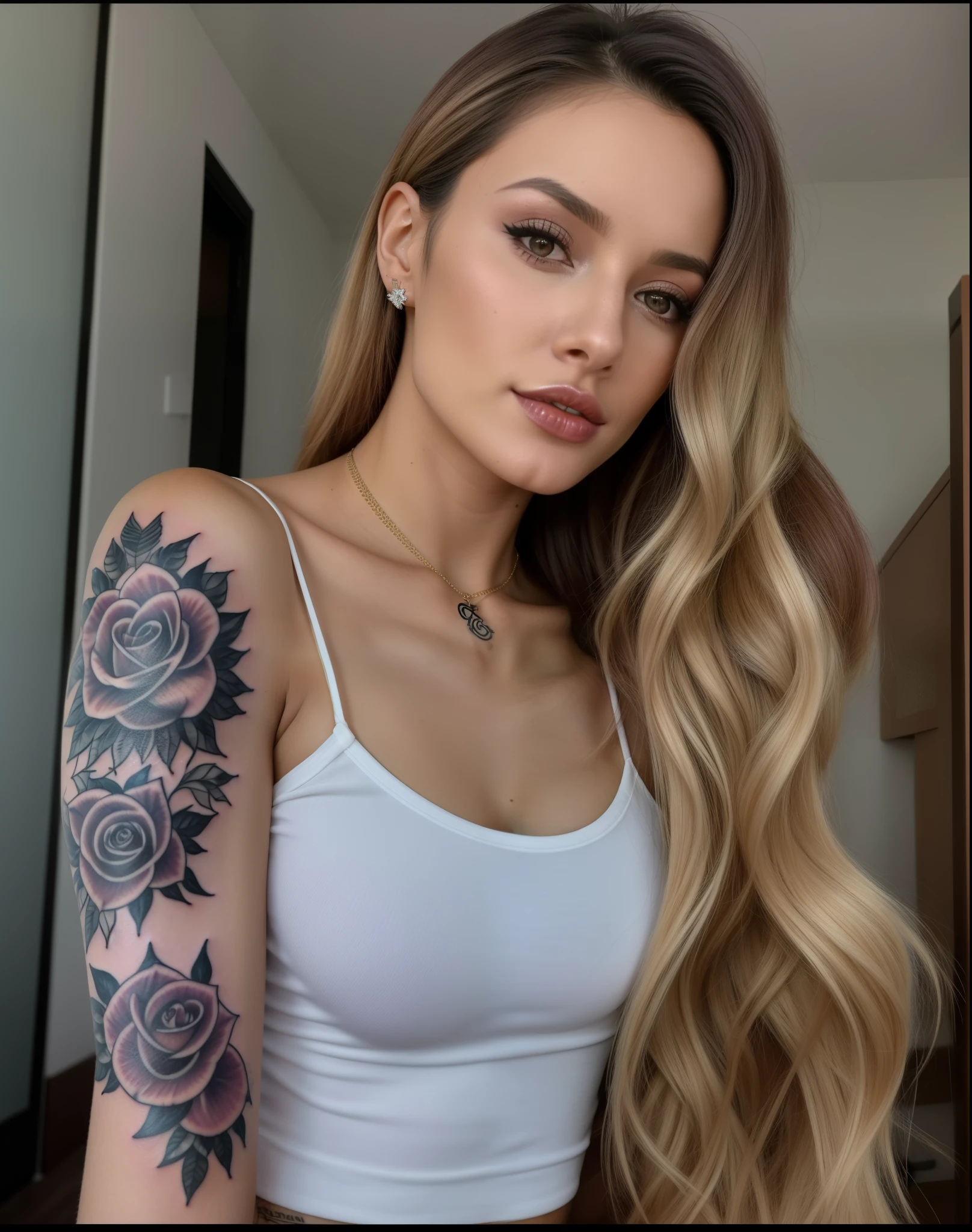 um close up de uma mulher com cabelos longos e desarrumados, messy hair and a tattoo on his arm, morena com cabelos tingidos de loiro, com tatuagens, tatuado, tattoo sleeve on her right arm, Anna Nikonova aka Newmilky, tatuado, Angelina Stroganova, Marischa Becker, Garota sexy, Angie Glock, modelo do instagram, Kaitlyn Michelle Siragusa, Alana Fletcher