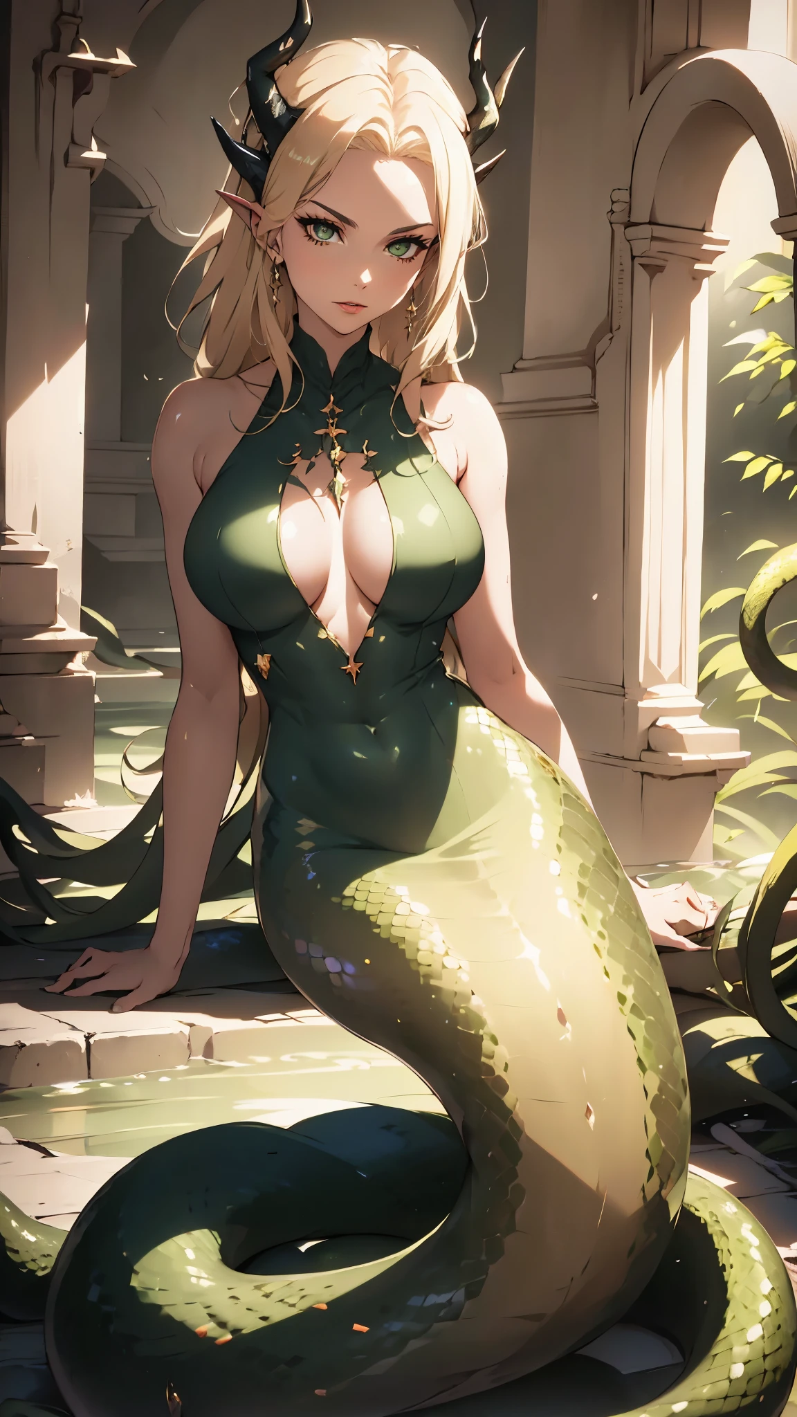 masterpiece，best quality，RAW photos，high resolution，green，The Art of Aptrus. queen of demons,has horns on its head, Medusa:1.3，（Mermaid:1.2），（elongated snake tail:1.3），once very beautiful, Sensual, enchanting,Big breasts and thin waist,  sharp black eyes,red lips，Looked up,（right hand），（（snake scale body）），full-body shot，dim lights (Olvik |)，Ultra-clear，8k