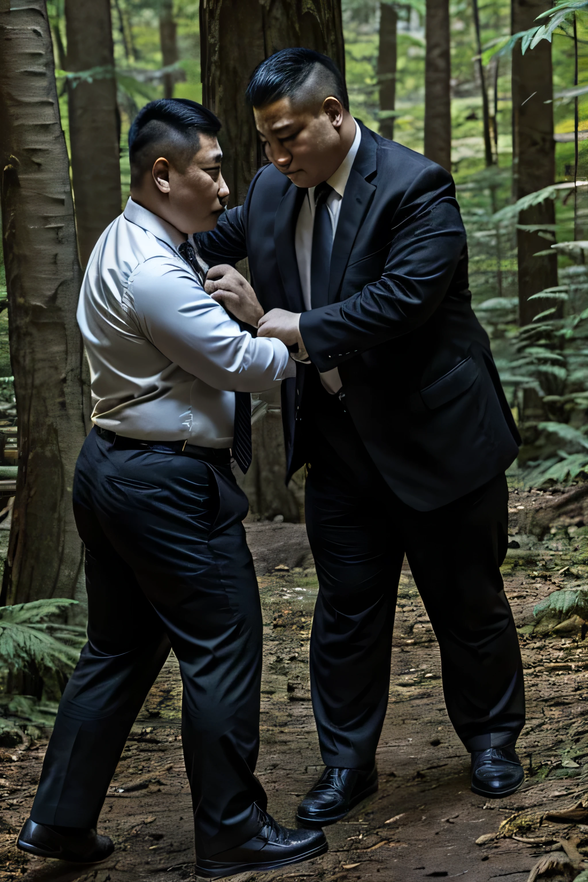 Two people wearing black ties, Fat Chinese mature middle-aged man fights with security guard with knife in forest，Faust