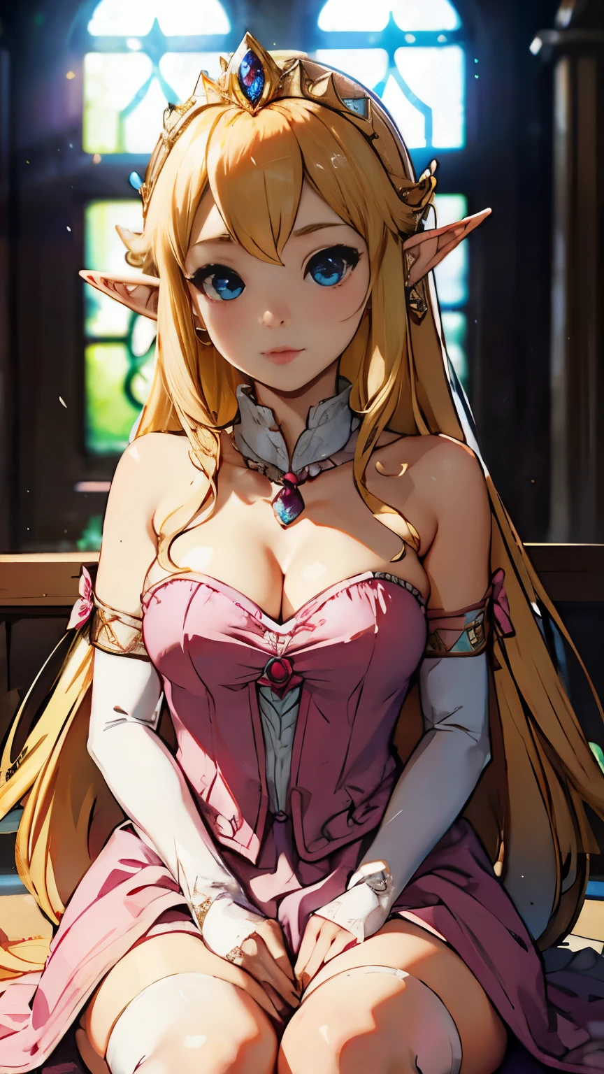 (quality, 4k, 8k, high resolution, masterpiece: 1.2), ultra-detailed, blurry, depth of field, blurred foreground, blurred background, pink, pink rose, dress, jewelry, earrings, elf ears, elf blonde hair, stained glass, princess dress, blue eyes, elbow gloves, pink dress, breasts, looking at viewer, hair over one eye, long hair, pink flower, elf ears, throne room, gloves, motion blur, solo focus , peach princess, crown, strapless, blush, white dress, photo \(medium\), 1 elf girl, gem