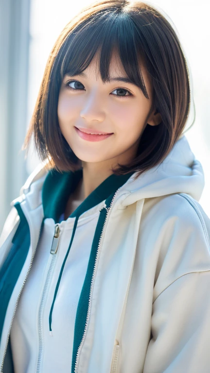 high school girl,young woman,Hairstyle(Short length,short hair,Bangs Patsun),short hair,cute,girly,adorable,face forward,accurate and perfect face,Super detailed,Realistic,correct anatomy,white parka jacket(Do not wear a hood,open the front,don&#39;t close the zipper),big breasts,body whole,whole body,whole body(slender,Feminine body),skin that looks real,beautiful skin,realistic textured skin,indoor,soft light,Professional light,smile,pure