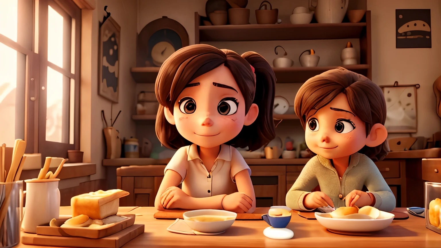 A girl with scars on her face and big nose doing breakfast with her mother and father 
