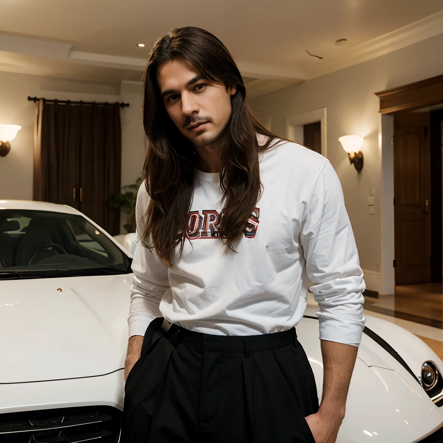 Handsome man with straight hair and white mustache with sports cars in a huge mansion