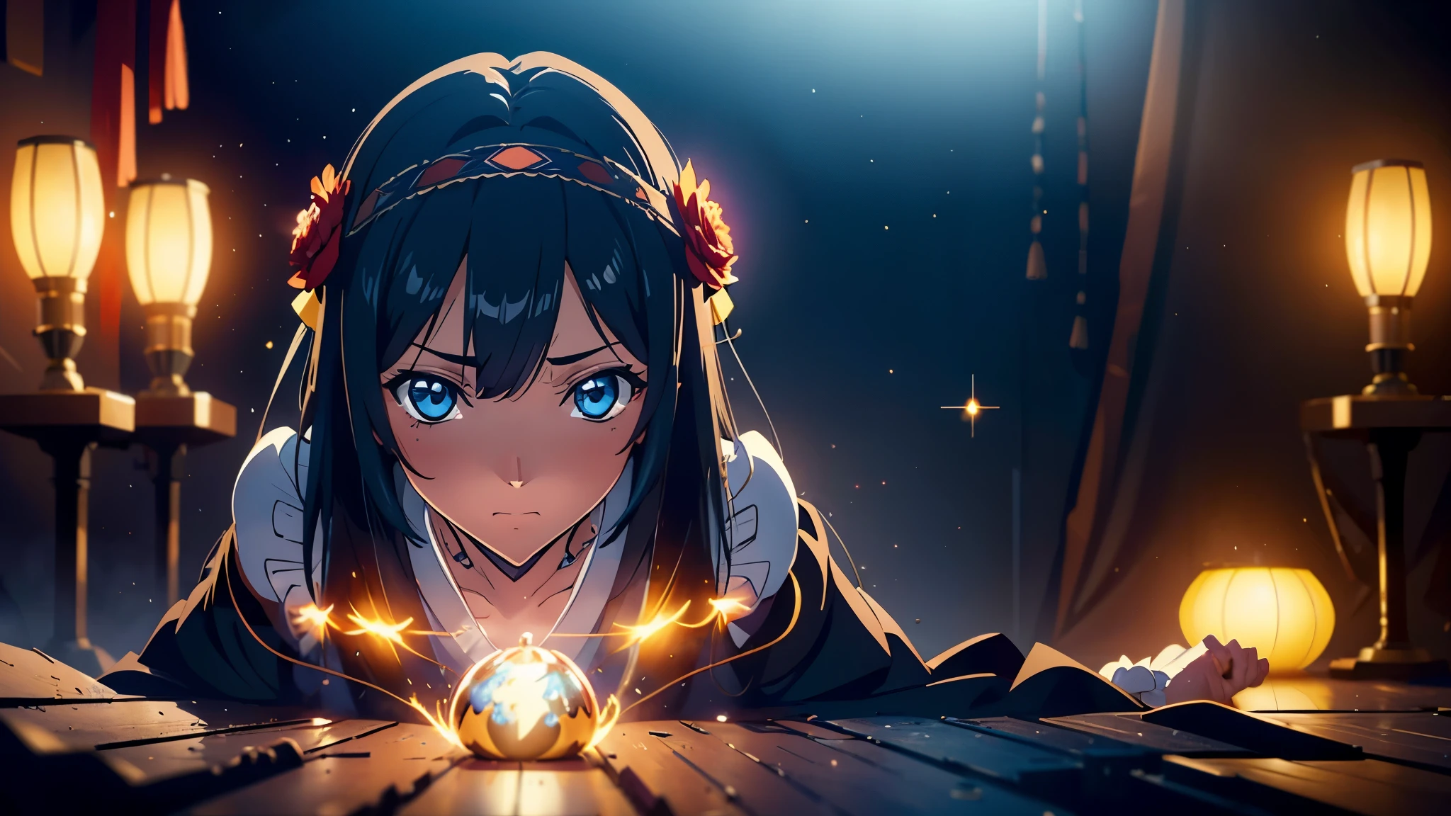 1 Girl,  long black hair,  light blue eyes, Headdress , Red Kimono , Red Flower Hairpin , g0thk1m0n0 , shy,  blush, Code Geass , Anime , Style ,((Best quality)),  ((masterpiece)),  3D,  HDR (High Dynamic Range), Ray Tracing,  NVIDIA RTX,  Super-Resolution,  Unreal 5, Subsurface scattering,  PBR Texturing,  Post-processing,  Anisotropic Filtering,  Depth-of-field,  Maximum clarity and sharpness,  Multi-layered textures,  Albedo and Specular maps,  Surface shading,  Accurate simulation of light-material interaction,  Perfect proportions,  Octane Render,  Two-tone lighting,  Wide aperture,  Low ISO,  White balance,  Rule of thirds, 8K RAW,  Aura,  masterpiece,  best quality,  Mysterious expression,  magical effects like sparkles or energy,  flowing robes or enchanting attire,  mechanic creatures or mystical background,  rim lighting,  side lighting,  cinematic light,  ultra high res,  8k uhd,  film grain,  best shadow,  delicate,  RAW,  light particles,  detailed skin texture,  detailed cloth texture,  beautiful face,  (masterpiece),  best quality,  expressive eyes,  perfect face,
