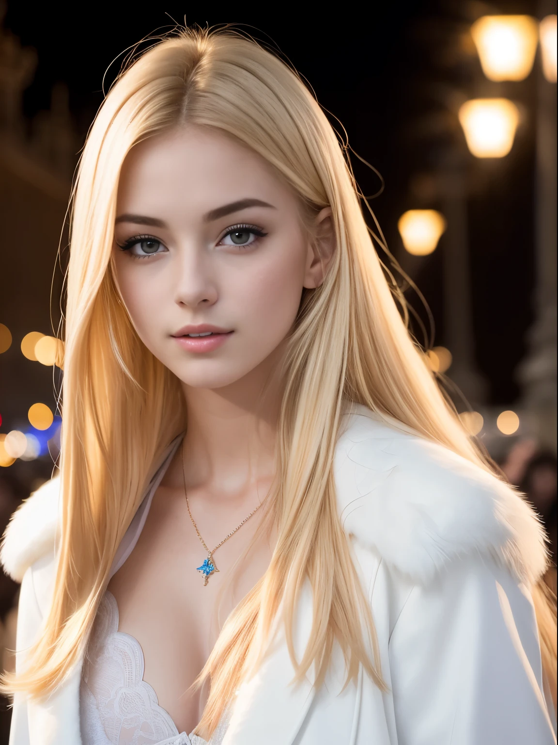 Photo of a 20-year-old Russian girl, raw,Russian、Beautiful Russian woman, (Blonde with long straight hair), ((Portrait)), ((Detailed face:1.2)), ((detailed facial features)), (finely detailed skin), pale skin,Clothes with fluffy cleavage visible、A sexy(cold color), moist, Reflectors, (masutepiece) (perfectly proportions)(photos realistic)(Best Quality) (Detailed) photographed in a Canon EOS R5, 50mm Lens, F/2.8, nffsw, (Grinning)Smiled、 (Wallpaper) (Cinematic lighting) (Dramatic Lighting) (foco nítido) (Convoluted) Standing in a fur coat、moscow、Full Body Photo Standing、Fashion show Moscow