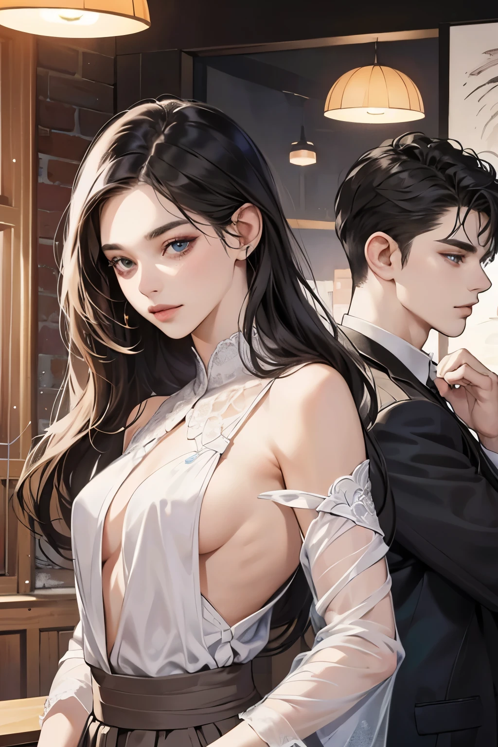 (table top, digital art, digital illustration, 4K, 8K, super detailed, beautiful images, clear image, realistic, RAW photo, perfect face, perfect lines, perfect eyes, soft lighting) 1 female, (long black hair,straight hair,Bullish gaze,beautiful woman,Solid makeup,23 year old female,small breasts:1.3),secretary, Two handsome men in suits, (human,Men in suits,muscular,Firm shoulder width,adult male,boyish hairstyle,british gentleman's style,A man in his 30s with a cool expression,28-year-old man with bright smile:1.2),Bright Western-style room、white wall、couple dancing、light、country style、k pop dance
