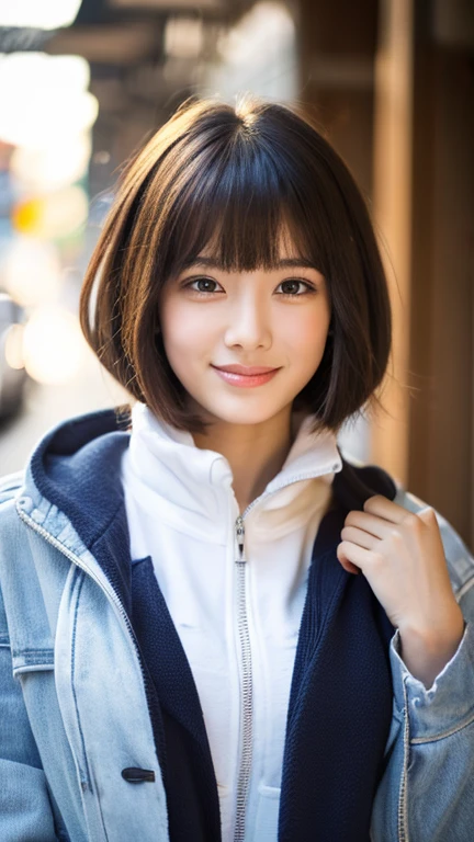 high school girl,young woman,Hairstyle(Short length,short hair,Bangs Patsun),short hair,cute,girly,adorable,face forward,accurate and perfect face,Super detailed,Realistic,correct anatomy,white parka jacket(Do not wear a hood,open the front,don&#39;t close the zipper),big breasts,big breasts,body whole,whole body,whole body(slender),skin that looks real,beautiful skin,realistic textured skin,indoor,soft light,Professional light,smile,pure