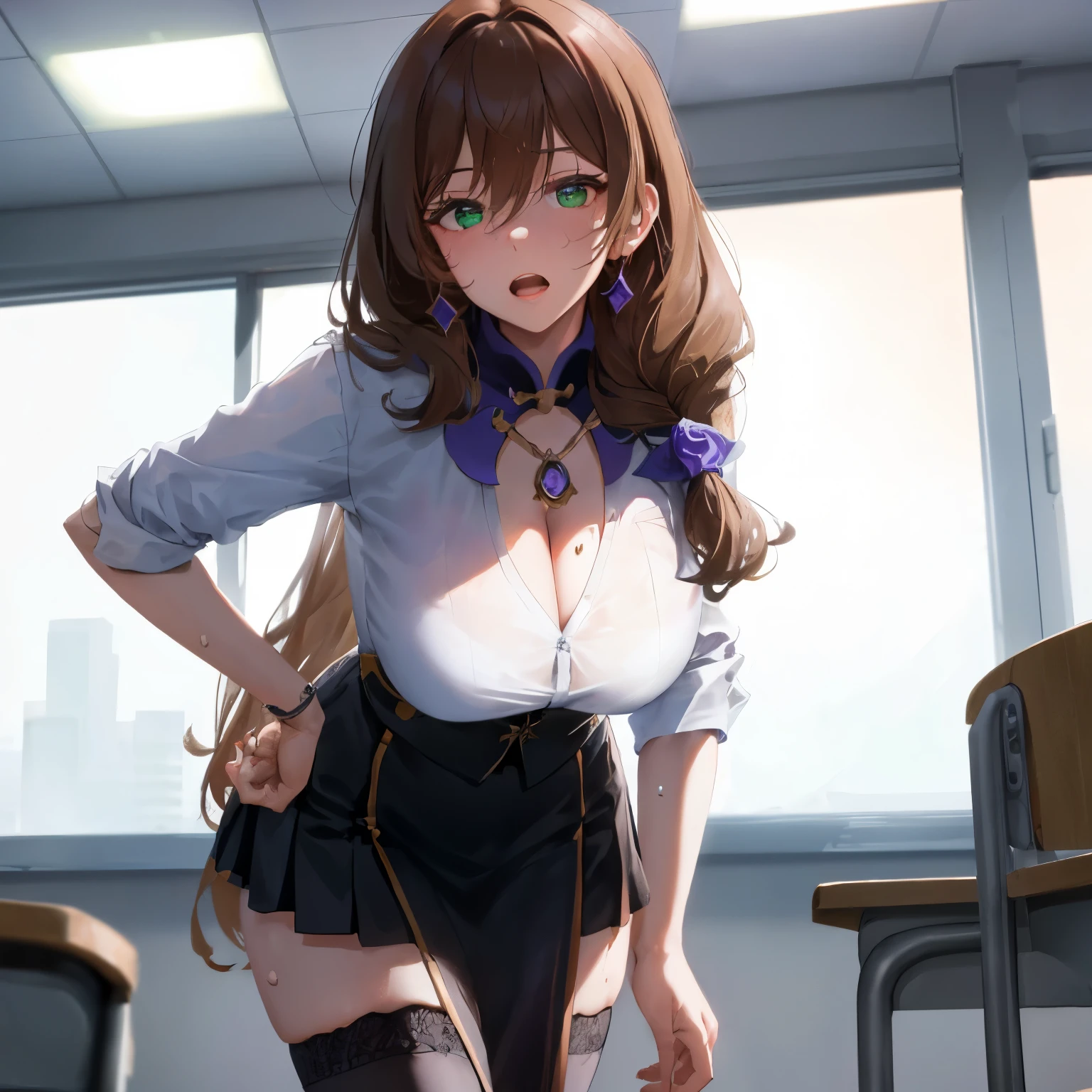 (((High resolution))), Lisa, genshin impact, Stain your face red, 1 girl, alone, ((white shirt)), black Thighhighs, huge breasts, cleavage, uniform, office background, black skirt, pleated skirt, office, hair between eyes, messy hair, big breasts, long hair, looking at the viewer, brown hair, red short nails, green eyes, alone, Thighhighs, thighs, very long hair, ((masterpiece)), classroom, mechanical, Chair, board, class board, Teaching, adult woman, open your mouth a little, narrow your eyes, (Are standing:1.3), sweating, I can see through my clothes, put one's chest forward, (leaning forward:1.3),