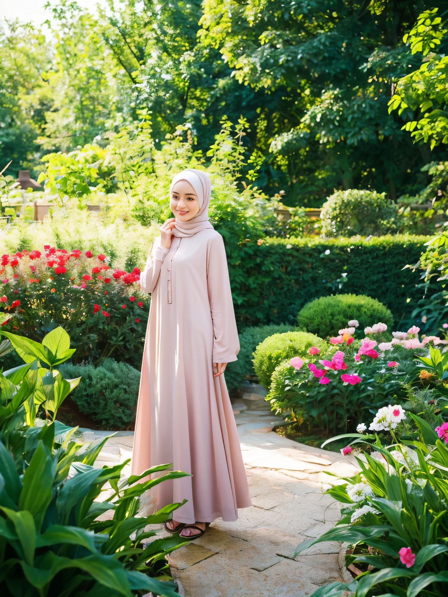 masterpiece, best quality, realistic, spring outfit, big loose outfit, malay girl with hijab, (Nur fazura:1.2),(fazura:1.3), (wearing baju kurung ),outdoor, magazine cover ,upper body, garden background, crowd behind, crowded garden, pastel color, professional lighting, bokeh,