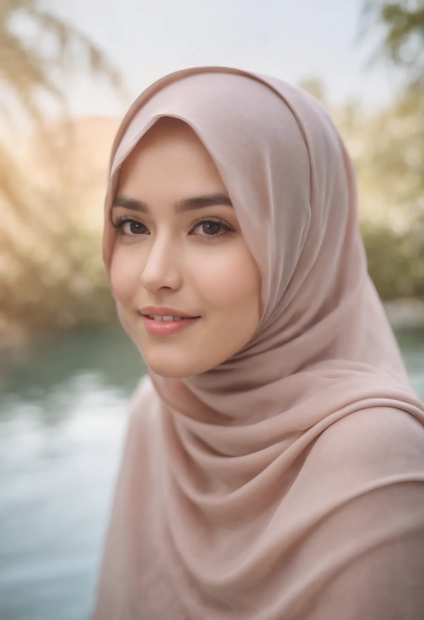 RAW, Best quality, high resolution, masterpiece: 1.3), beautiful Malay woman in hijab (iu:0.8),Best quality, high resolution, Masterpiece: 1.3, Beautiful  hijabi malay girl, Masterpiece, Soft smile,Beautiful Malay women wear pastel color hijab sitting in the water, bright sunshine, abaya, highres,4k,HDR,1girl, photorealistic, realistic, dripping, smiling at viewer, closeup