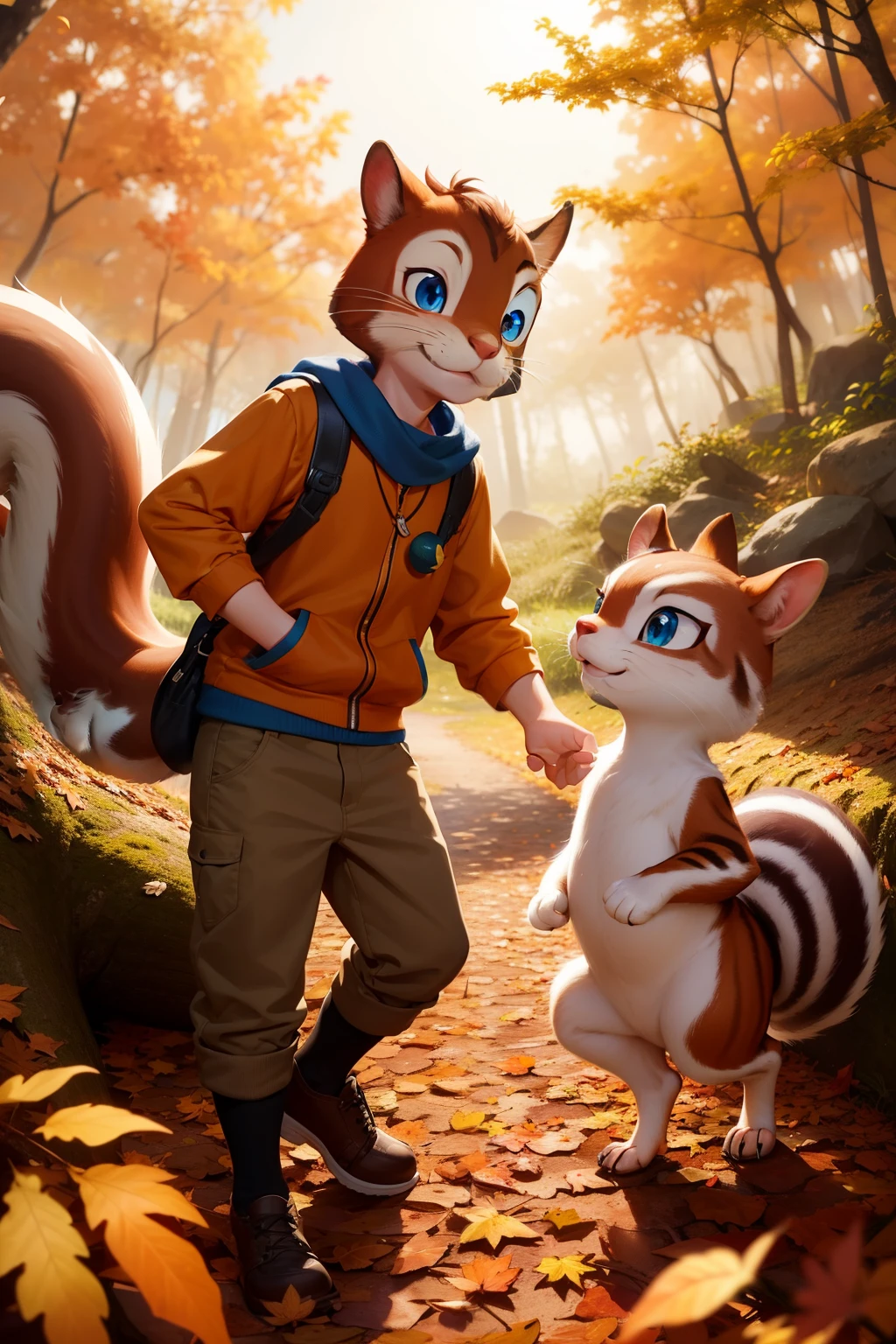 Curious Tommy, with his bright blue eyes and freckled cheeks, befriended a lively squirrel named Nutty in the heart of an autumn forest. Each day, they embarked on new adventures, their laughter echoing through the rustling leaves, hyper-realistic in 8k, ultra HD, with Pixar style and Disney flourishes. The sun cast Cinema 4D shadows as they chased after acorns, the forest floor dotted with the warm hues of autumn leaves. Nutty, with his bushy tail and bright, inquisitive eyes, looked up at Tommy with a grin, his shiny, glossy fur catching the light in a Disney delight. The