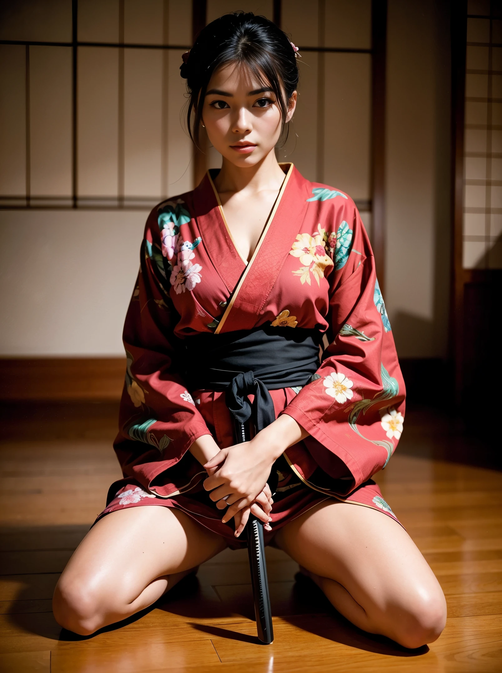 Masterpiece, best quality, an ultra hot gorgeous European woman, age 23, igtil, Japanese clothes, kimono, obi
Kneeling,holding a katana.