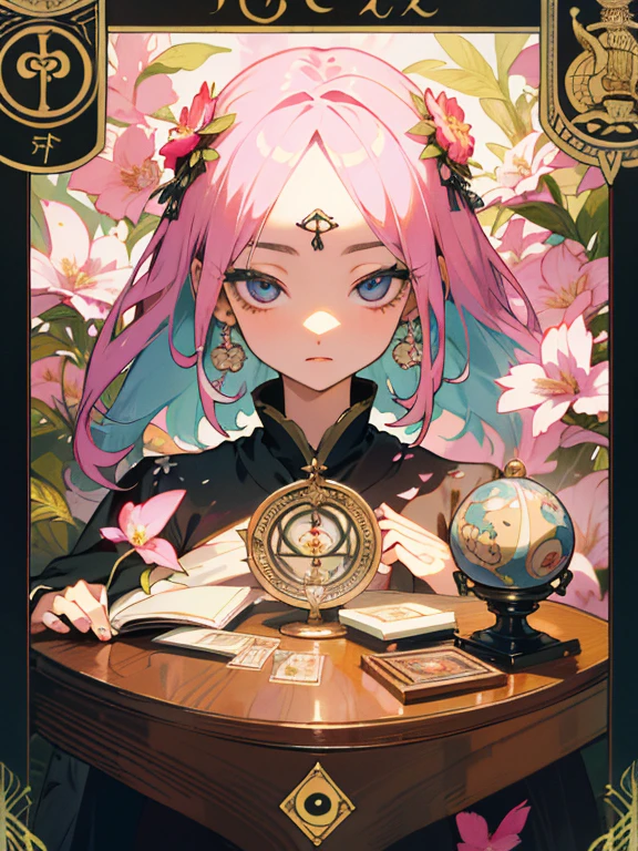 highest quality, masterpiece, High resolution, perfect details, (とても上品in美しい: 1.1), (official art, beautiful beautiful: 1.2), (fractal art: 1.3), (lots of flower effects: 1.4), 1 girl, looking for_in_viewer, portrait, 一人in, 非常に鮮やかinカラフル, (Lots of floral effects: 1.3), a lot of petals, beautiful light, Fine Beauty, (detailed face with fine eyes: 1.1), (beautiful and clear background: 1.1), fortune teller, (tarot cards: 1.4), race, ribbon, Flowers and petals, beautiful concept illustrinion, A highly decorined fortune teller's tent stands in a dark alleyway, internal, an ugly old woman in a strange gypsy costume sits in a table, Her hand on a crystal ball and an Ouija board