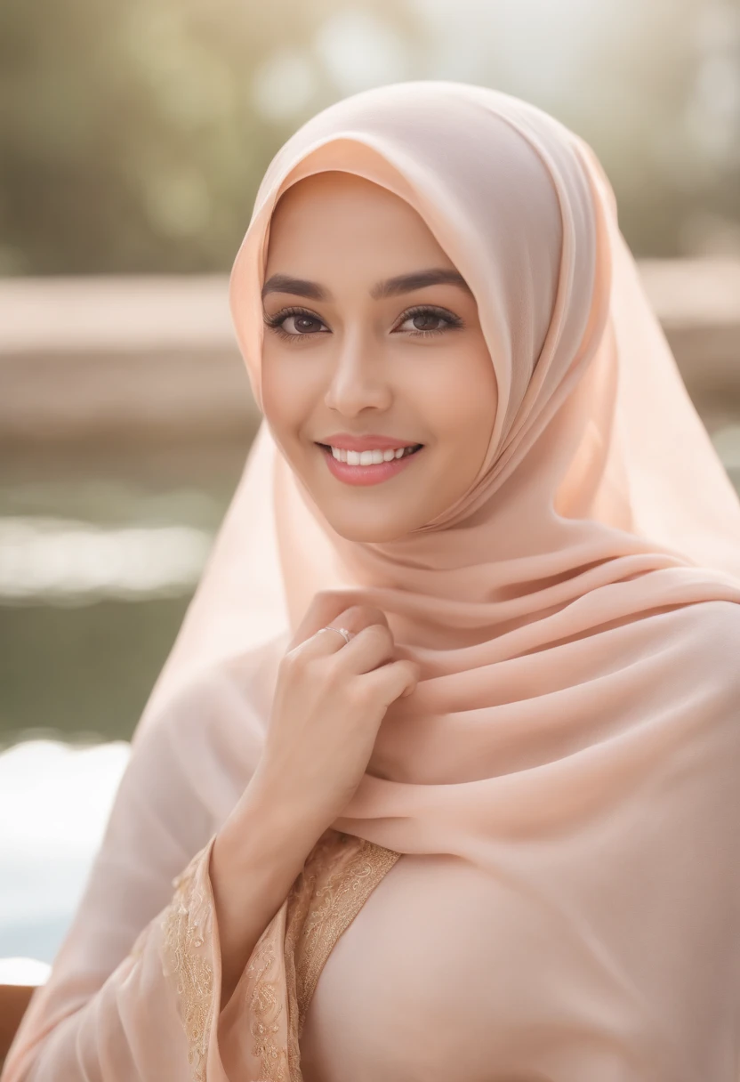 RAW, Best quality, high resolution, masterpiece: 1.3, beautiful Malay woman in hijab (iu:0.8),Best quality, high resolution, Beautiful hijabi malay girl, Masterpiece, Soft smile,Beautiful Malay women wear pastel color hijab sitting in the water, bright sunshine, abaya, highres,4k,HDR,1girl, photorealistic, realistic, sunshade , smiling at viewer, closeup
