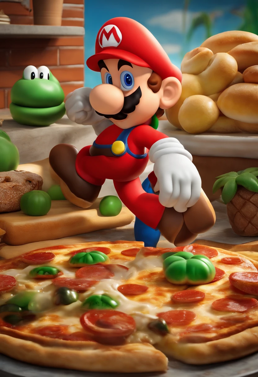 Criar uma imagem do Mario de Super Mario Brothers a fazer piza na cozinha.