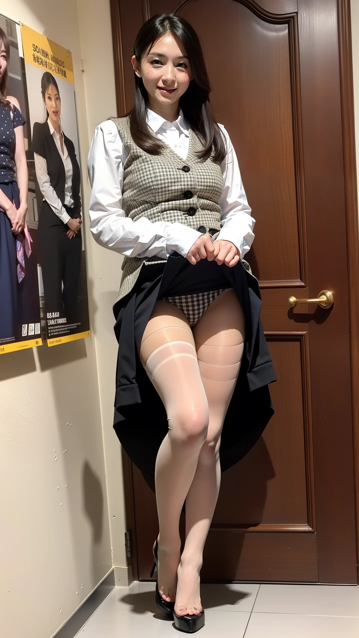 Ulchan-6500-v1.1, (RAW photo:1.2), (Photoreal), (genuine:1.4), １girl、perfect anatomy、28 years old、look at the camera、medium long hair、yellow checkered vest、((Are standing:1.3))、(super realistic pantyhose:1.2), (high heels)、(Business service)、((skirt lift))