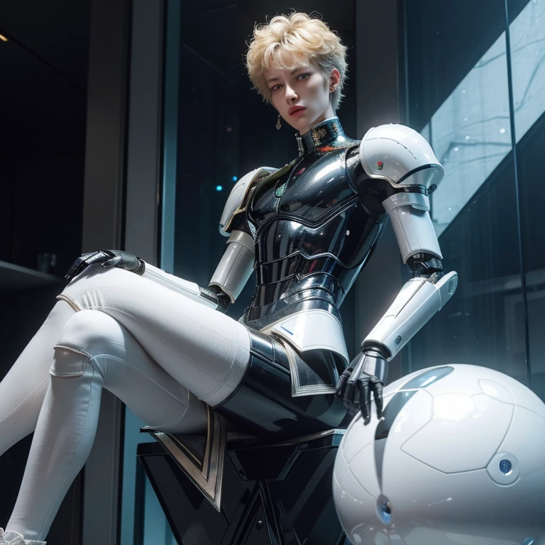 (((best quality, 4k))), (androgynous male robot emperor, his testicles are made of glass, very vulnerable and very fragile, which is critical weakness of his otherwise ideal design, he thinks he rules the world, but you can end his reign easily)