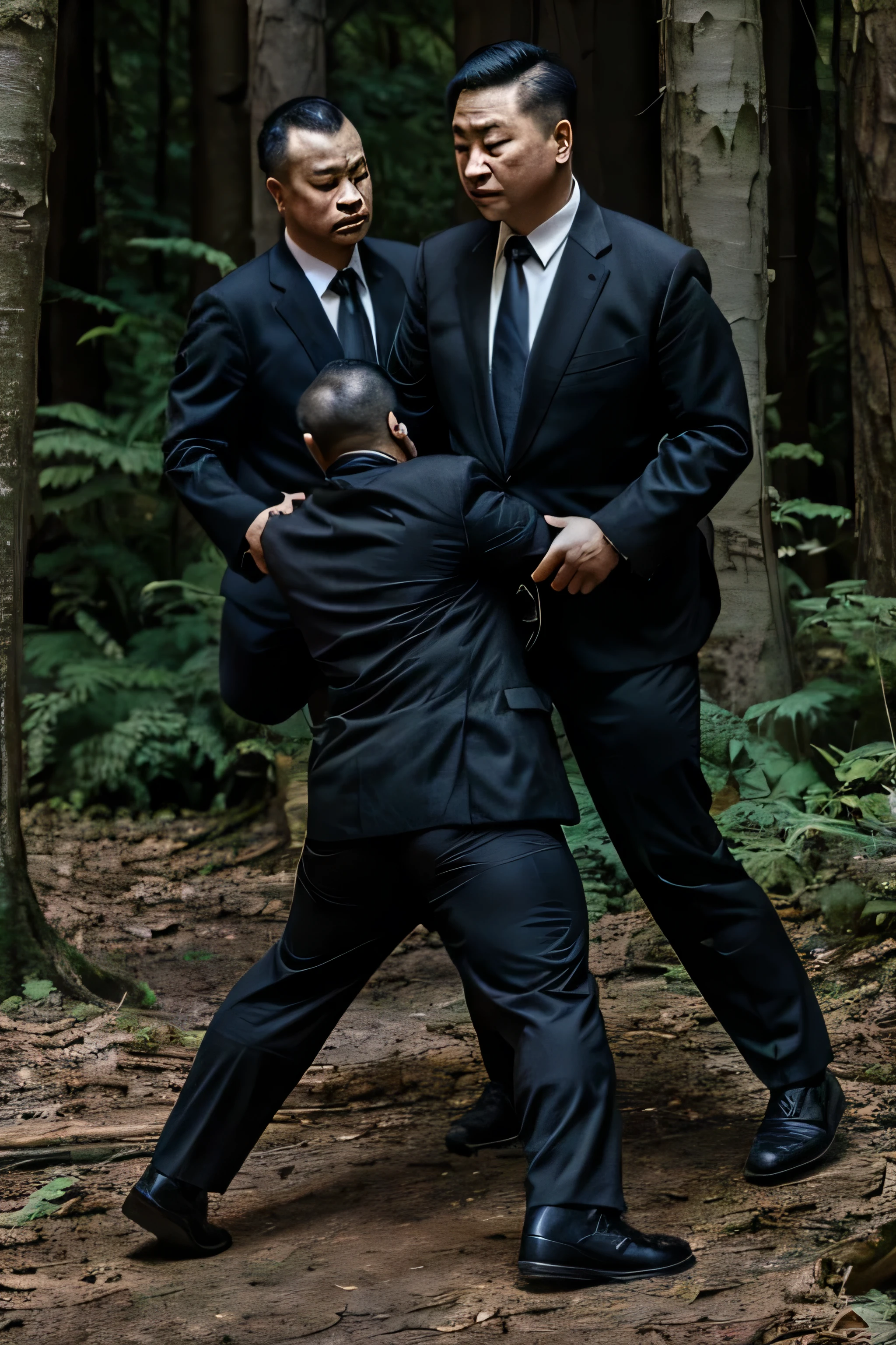 Two people wearing black ties, Fat Chinese mature middle-aged man fights with security guard with knife in forest，Faust