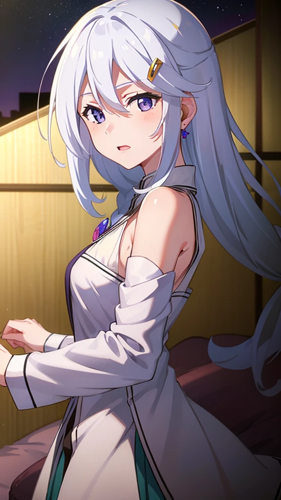 masterpiece, best quality, 1 solo girl, silver hair, purple eyes, wavy hair, long hair, medium breasts, mature body and face, white Greek tunic, jewelry, hair ornament, earrings, tatami, night sky, cowboy shots, sexy pose, dakimakura, detailed body, face, and eyes, sharp focus, vibrant, creative, dynamic, high definition, high resolution, 8k, (Upscale: R-ESRGAN 4x+ Anime6B), (Image enchance:4x), voluptuous body, lying in the bed