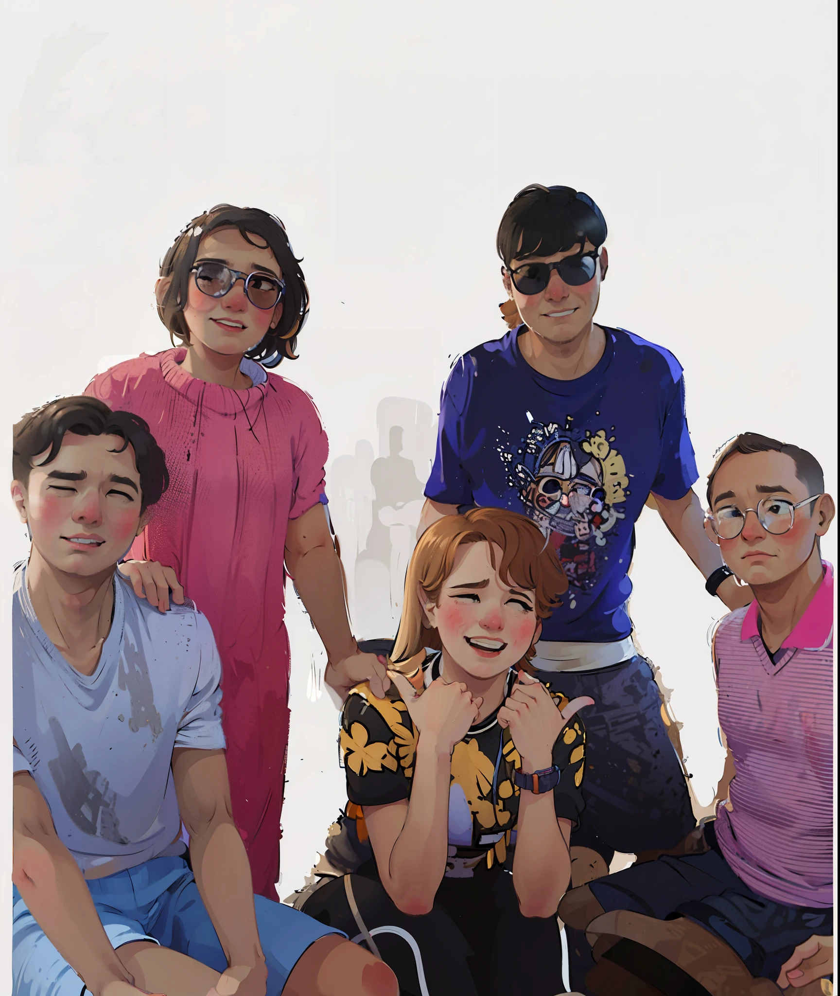 (masterpiece:1.2),illustration,lineart,high definition,texture,2 woman with sunglasses standing behind ,1 woman sitting between 2man with eyes glasses ,smile, warm color palette,soft lighting,detailed pencil strokes,delicate outlines,distinct shadows,subtle shading,impeccable attention to detail,highly realistic,artistic touches,vibrant and lifelike rendering,professional-level skill,white isolated background,warm and inviting atmosphere,peaceful and relaxed expression,sophisticated and elegant aesthetics.
