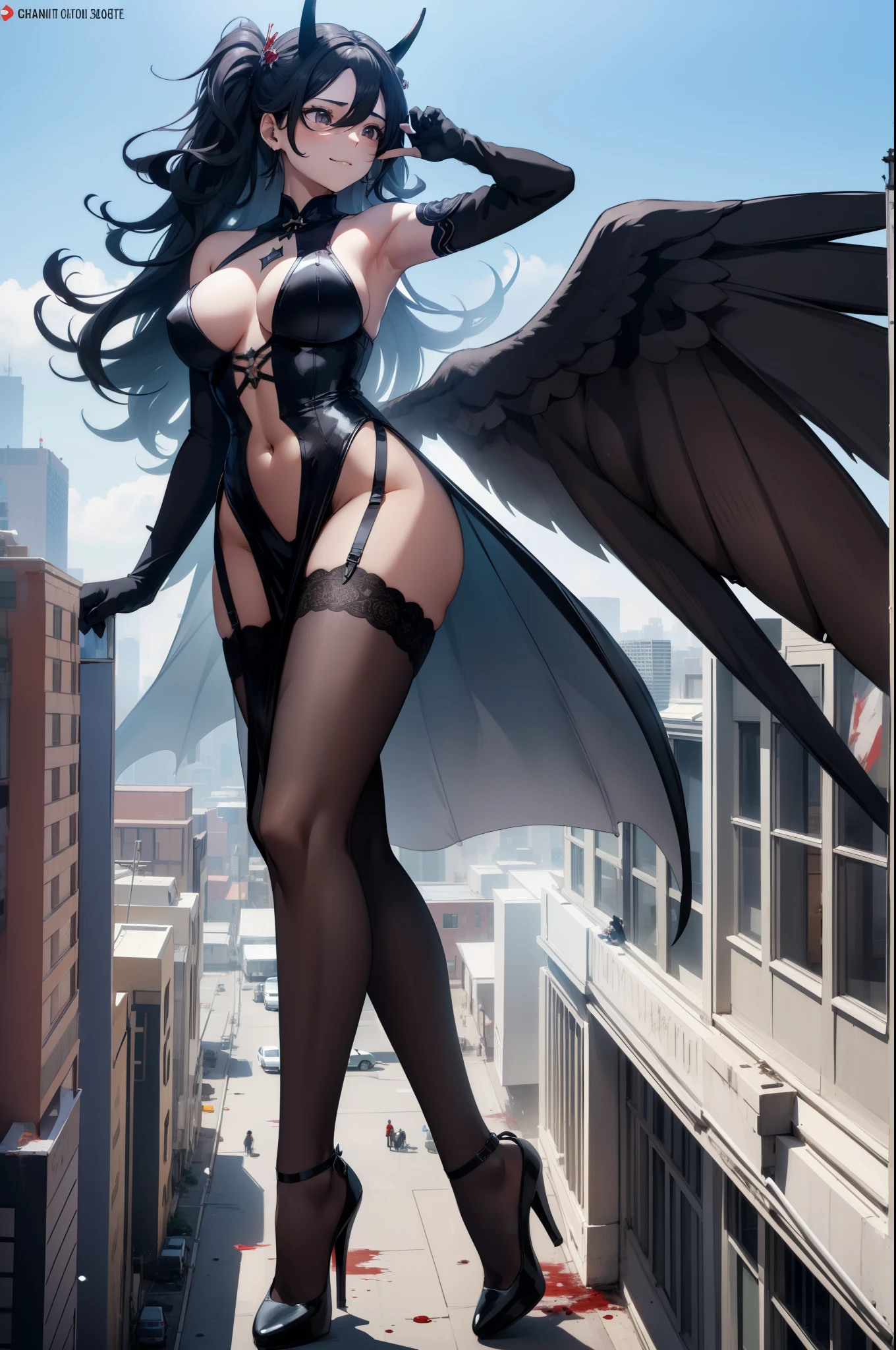 Aerial View,giant girl 50,000 feet high,Have a pair of long legs,Has a pair of huge angel wings,With huge devil horns on his head,Has waist-length black hair,loose hair,Wearing a pair of Mary Jane heels,Big wavy black curls,Black lace gloves,Black lace pantyhose,黑色蕾丝whole body,leaning upright on a tall building,城市到处是blood stains,Beautiful appearance,Exquisite makeup,quality,8k,高quality,Perfect proportion, Cinema lighting,film grain,Fuji colors,8k,textured skin,Super details,high detail,high resolution,explode,fake smile,blood stains,脚底有blood stains,whole body,Fat stature