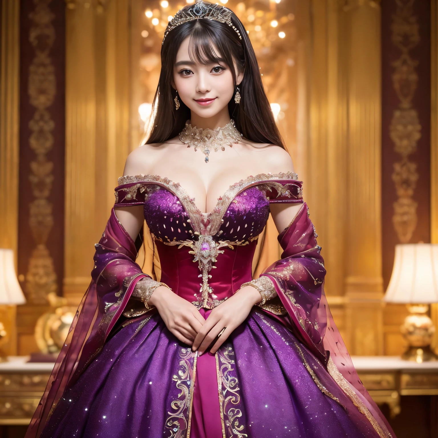 Dramatic composition, court-style dresses, royal, gorgeous, cascading frills, ruffles, bows, crystal chandeliers, Roman curly hairstyles, ponet, double ponytails like drills, look at the camera, bangs, maximalism, palatial background, delicate portrayal of hair and eyes, princess dresses, gorgeous skirts, flowers in hand, smiles, starry eyes, cinematic light, extreme detail, high definition, happy girl, very long hair, diamonds, broken diamonds, crystal fragments, light particles