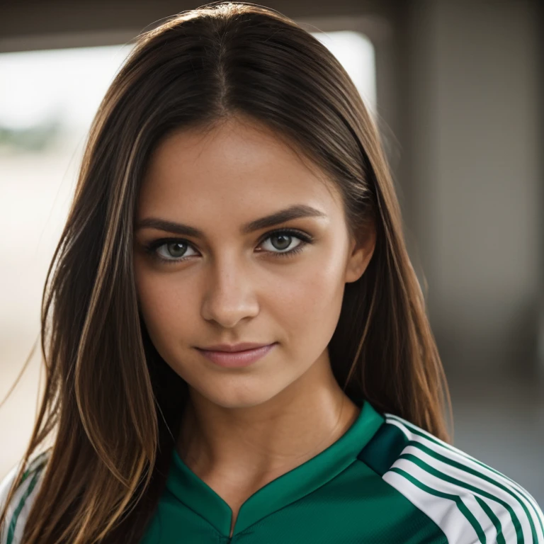 Beautiful girl, 23Jahre alt, lange Haare, braunes Haar, green eyes, spitze Nase, thin, portrait, hyper Realismus, Schwarze Bluse, In der Bank, Gesicht mit 85 mm DLSR-Farbzoom. Very detailliert studio face portrait photograph, nur Kopf sichtbar, Intensiver Blick in Richtung Kamera, mexico soccer clothing, hellgrauer Hintergrund, unwirklicher Motor 5, echtes Foto. , Realismus, detailliert