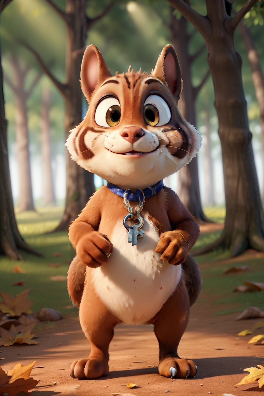 One day, in a hyper-realistic, 8k, ultra HD, Pixar style animation, Nutty the squirrel discovered a mysterious key hidden beneath an oak tree. The sun was setting, casting long shadows over the forest floor, with Cinema 4D rendering every detail of the autumn leaves and the intricate bark of the tree. Nutty, with his fluffy brown fur and bright, curious eyes, stood in awe of the key, wondering what secrets it held. The key was old and worn, its metallic sheen glinting in the fading light. The key's design was intricate, with delicate engravings that seemed to dance in the light. Nutty clut