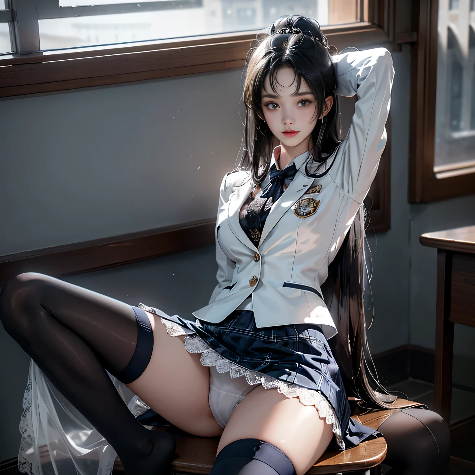 (( Female student sitting at desk with legs apart in classroom))，charming eyes，Heartwarming action，Turn your face away from the camera，bent down，bend over，turn back，Look up at your head，thick and long black hair，highly detailed body，highly detailed face，highest quality、(P iNK underwear),(high school girl),((white blazer、chest emblem))、((Translucent blouse)),,((navy check flare skirt)),(black stockings)、((White lace underwear is visible))