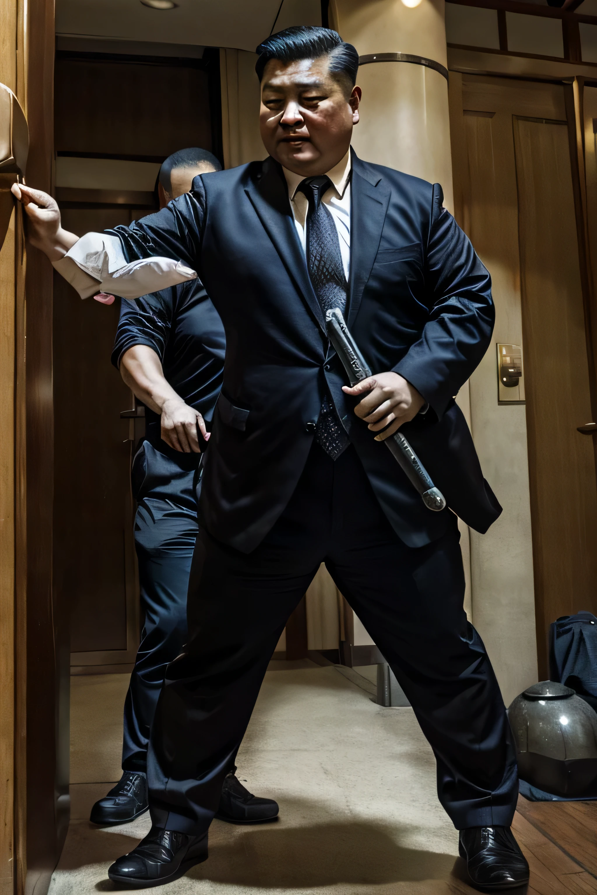 Two people wearing black ties, Fat Chinese mature middle-aged man fighting with security guard with knife on battlefield,Faust
