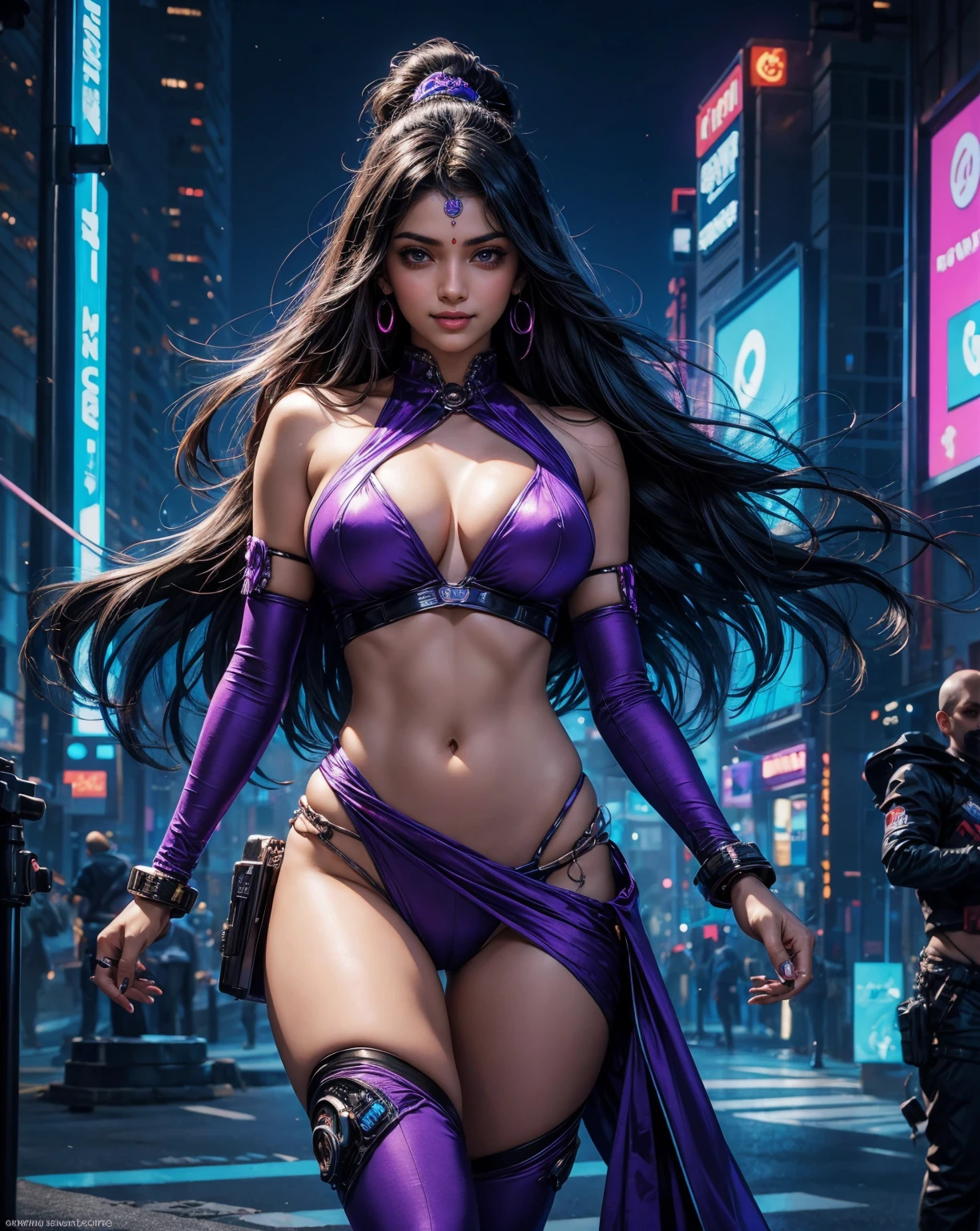 (blue purple neon lighting),(vibrant glow),dynamic colors,striking contrast,futuristic vibe,electric energy,reflective surfaces,(cityscape:1.3),8k,official wallpaper,(cyberpunk:1.2),beautiful Indian female indian goddess in purple sexy traditional Indian clothes, beautiful curves, beautiful goddess, long hair, big boobs, cleavage show, big ass, beutiful traditional clothes in her body, indian girl with beautiful sexy shy smile, glowing face with lights, front view , sexy navel, traditional female look, indian traditional female, indian goddess, wearing a chain,beutiful eyes, futuristic goddess look, purple cloths, background is rocky terrain with three moons
