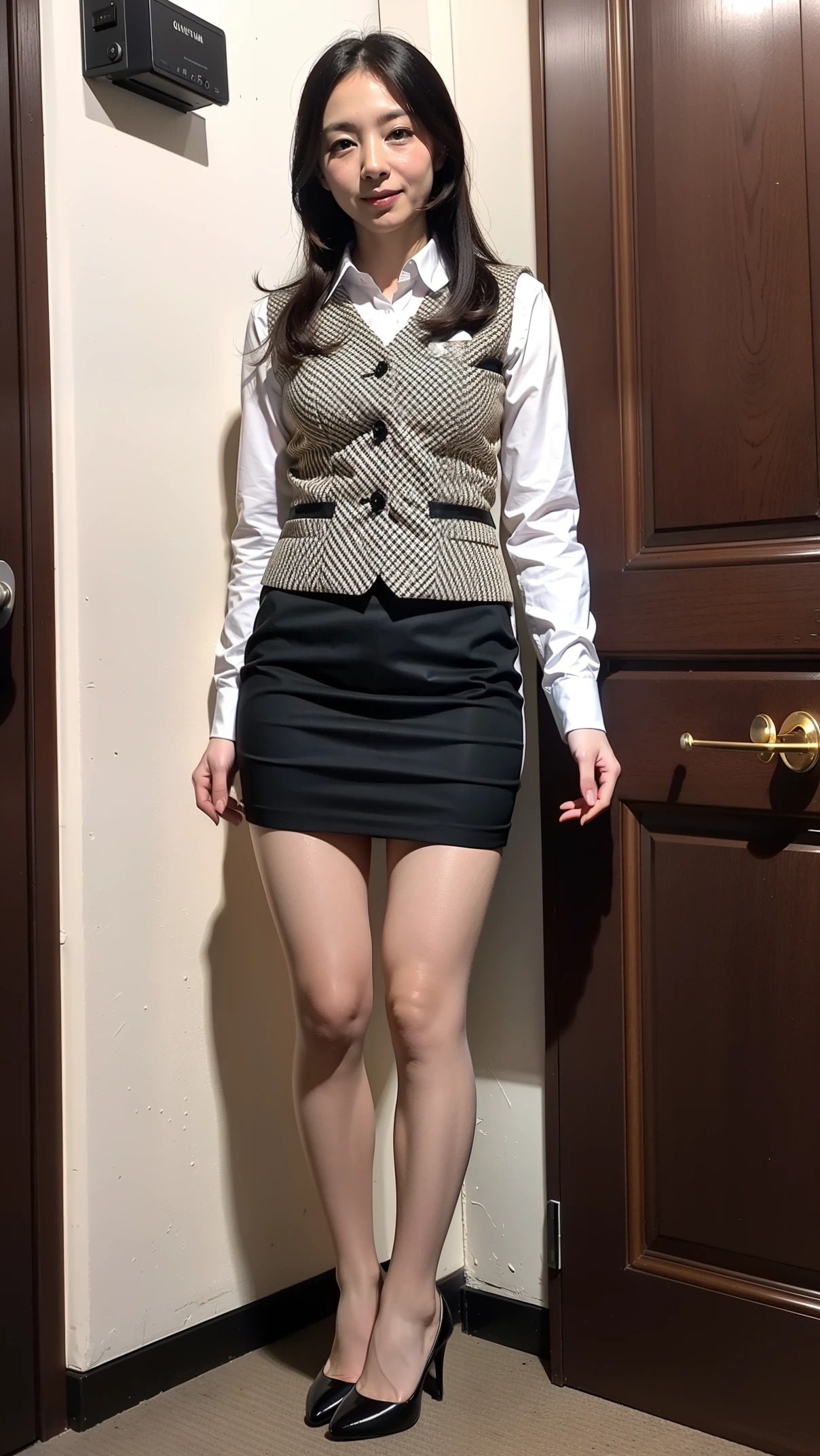 Ulchan-6500-v1.1, (RAW photo:1.2), (Photoreal), (genuine:1.4), 1girl、perfect anatomy、48 years old、look at the camera、medium long hair、yellow checkered vest、((Are standing:1.3))、(super realistic pantyhose:1.2), (high heels)、(Business service)、((skirt lift))