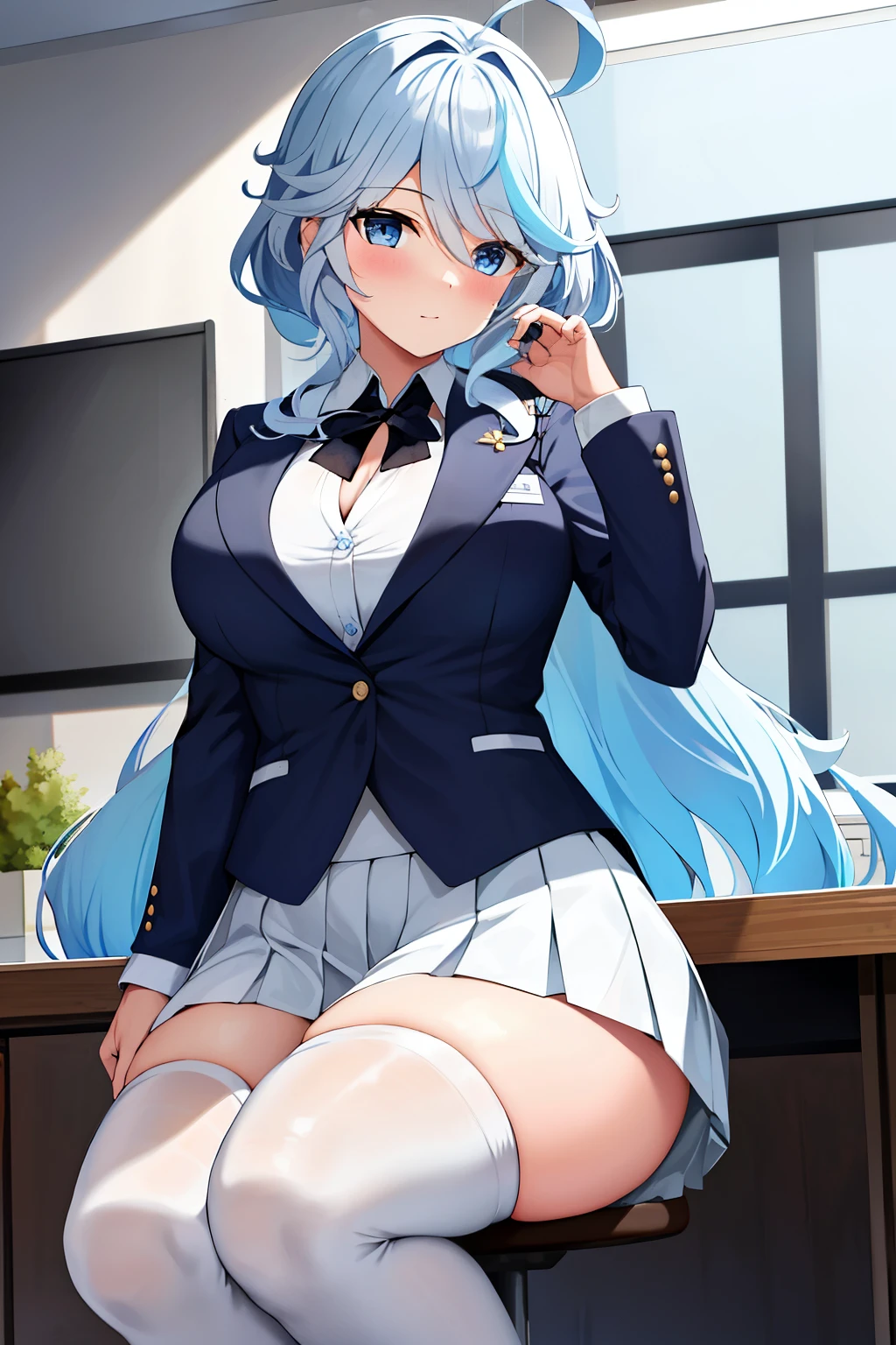 1girl, solo, ((white shirt)), black thighhighs, breasts, cleavage, uniform, office background, black skirt, pleated skirt, office,large breasts, looking at viewer, BLUE SEA HAIR, solo, thighhighs, thighs, very long hair, ((masterpiece)), sitting, chair, desk, computer on desk, name tag, id tag, indoor, blush, sexy pose,