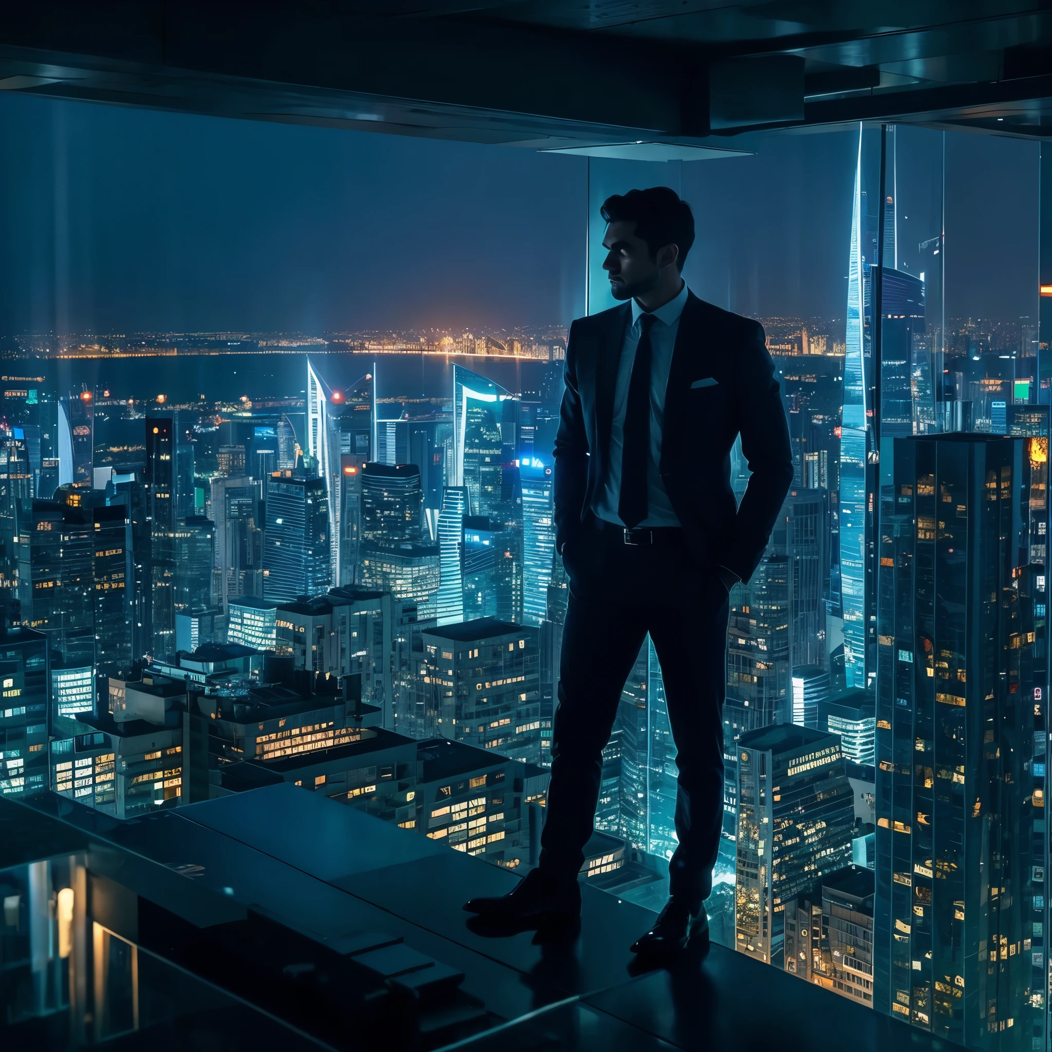 "Imagine a stunning scene of a successful businessman, standing out in a modern skyscraper with spectacular views of the city at dusk, surrounded by an aura of confidence and achievement. Detalhe a atmosfera com elementos que simbolizem prosperidade, as symbols of success, Rising graphics and an inspiring color palette that reflect business triumph. Describe it in a way that conveys a sense of accomplishment and determination, capturing the entrepreneurial spirit and professional excellence."