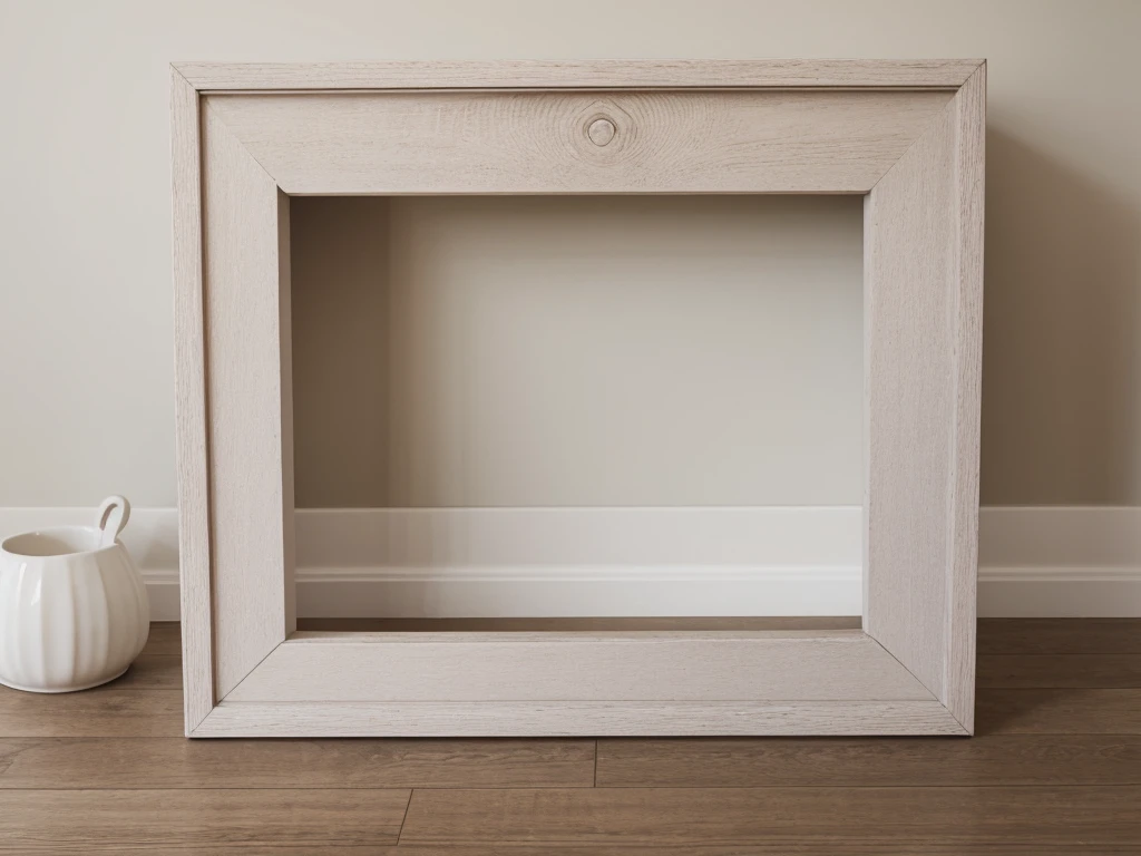 a wooden picture frame mockup in grey, threadbare abstractions, white background, empty space, light pink and light brown, focus on joints/connections, richad misrach, front view, vintage fireplace, room