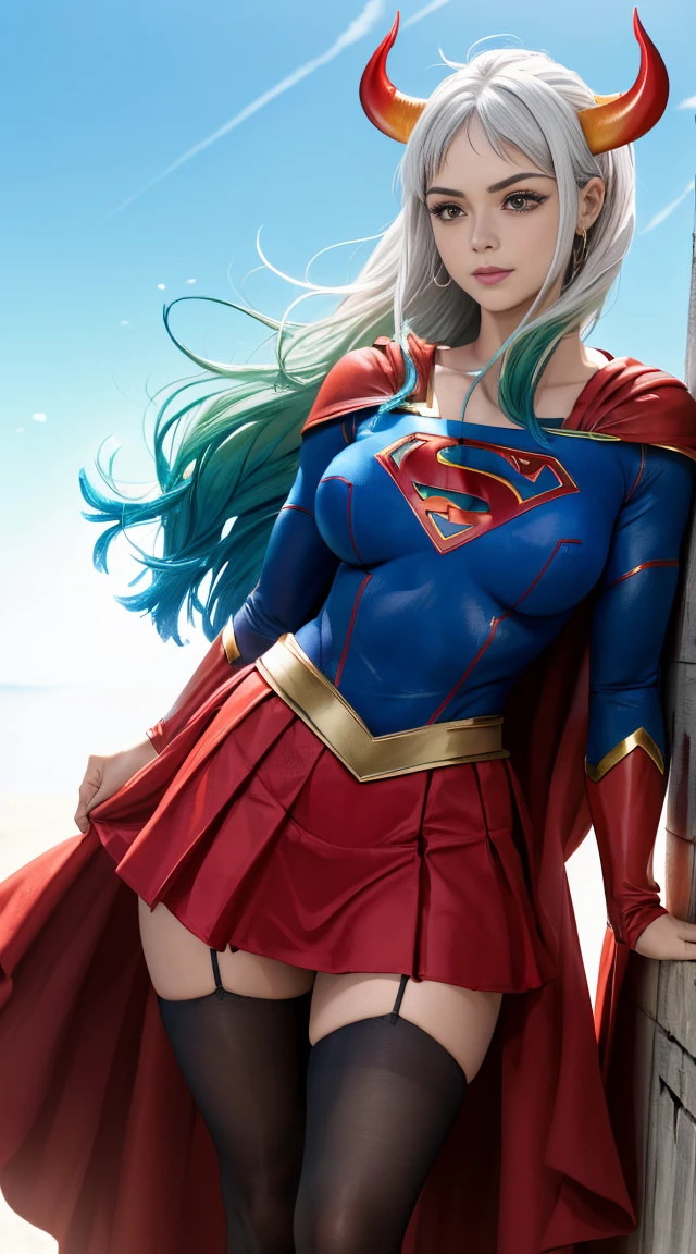 (melhor qualidade:1.3), Supergirl, capa vermelha, S do super-homem no peito, blue swimsuit, Red skirt, botas vermelhas, (demon girl), very huge breasts, sedutora, sexy, cabelo branco com as pontas verde claro, chifre com as pontas vermelho