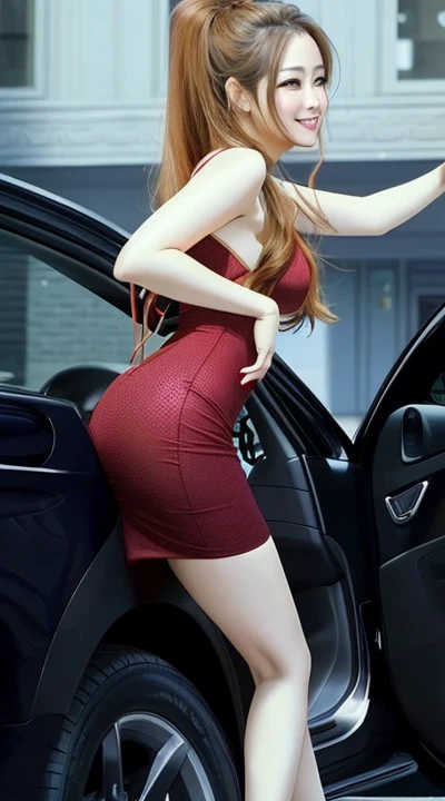 (16k),(high detail),(Photo Images),An arafi woman in a red dress getting out of the car, tight dress, sexy dress, succubus in tight short dress, (short ponytail), skintight dress, young and beautiful, wearing a dress, sexy red dress, waist shot, still image of back view, tight clothing, (short dress),(A shot where the butt digs in)、(smile at the camera)、(looking back and smiling)、