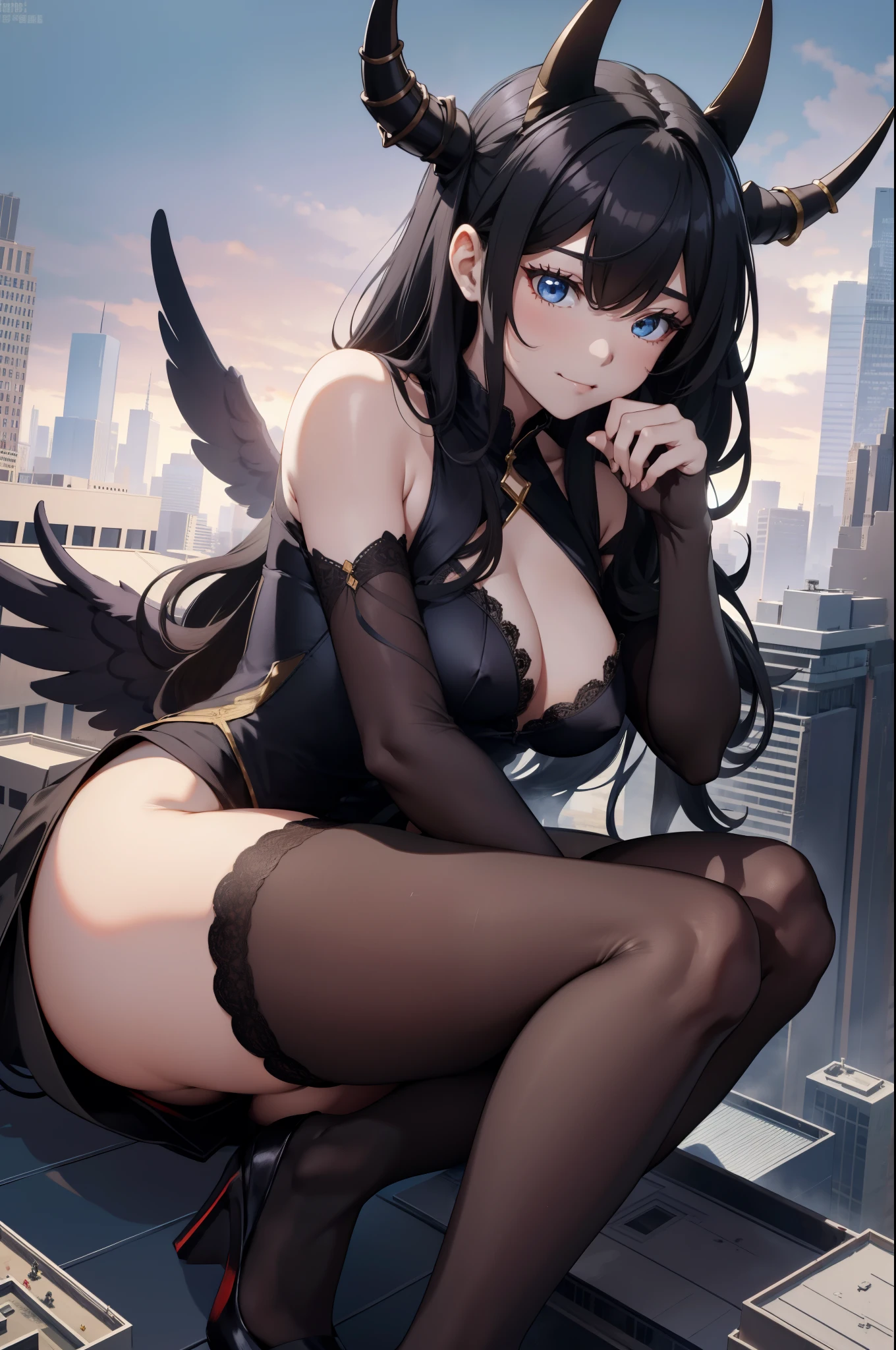 Aerial View，giant girl 50,000 feet high，Have a pair of long legs，Has a pair of huge angel wings，With huge devil horns on his head，Has waist-length black hair，loose hair，Wearing a pair of Mary Jane heels，Big wavy black curls，Black lace gloves，Black lace hose，黑色蕾丝whole body，Sitting astride a tall building，城市到处是blood stains，Beautiful appearance，Exquisite makeup，quality，8k，高quality，Perfect proportion, Cinema lighting，film grain，Fuji colors，8k，textured skin，Super details，high detail，high resolution，explode，fake smile，blood stains，脚底有blood stains，whole body，Fat stature