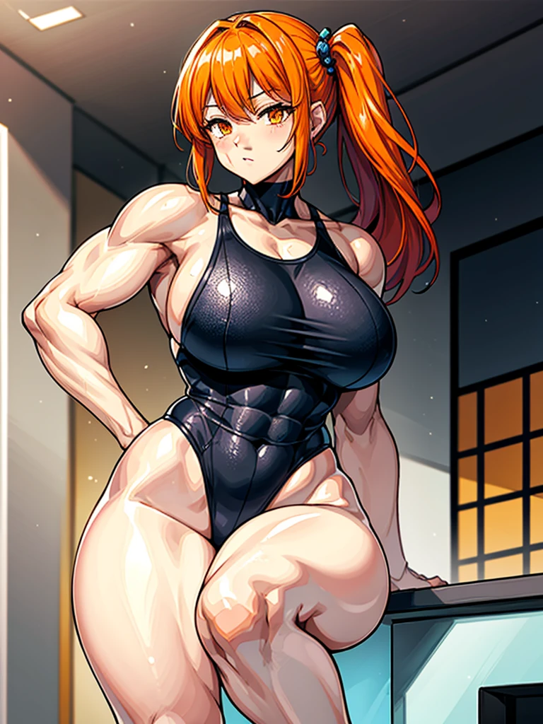 (((masterpiece、Highest image quality、highest quality、highly detailed unity 8kwallpaper)))、((Illustration of one girl))、(((beautiful girl)))、((orange hair、side ponytail、sidelocks:1.3、orange eyes))、(((stocky build:1.2, thickset physique:1.3, muscular legs, broad shoulders:1.3, solid chest:1.2)))、swimsuit、sandy beach