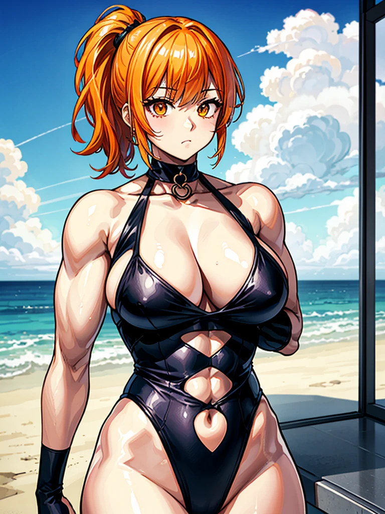 （（（masterpiece、Highest image quality、highest quality、highly detailed unity 8ｋwallpaper）））、（（Illustration of one girl））、（（（beautiful girl）））、（（orange hair、side ponytail、sidelocks：1.3、orange eyes））、（（（stocky build：1.2, thickset physique：1.3, muscular legs, broad shoulders：1.3, solid chest：1.2）））、swimsuit、sandy beach