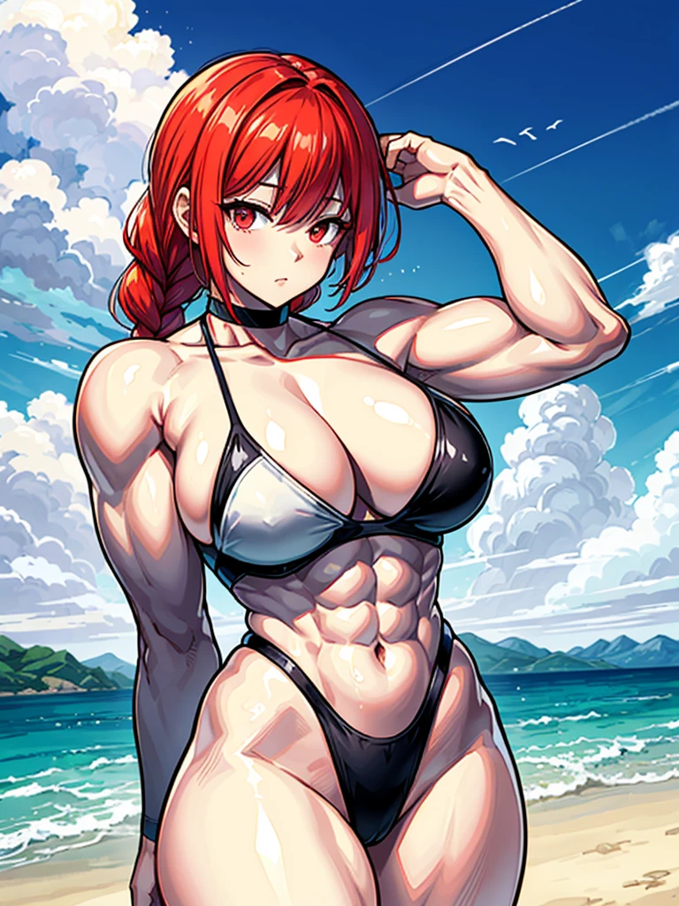 （（（masterpiece、Highest image quality、highest quality、highly detailed unity 8ｋwallpaper）））、（（Illustration of one girl））、（（（beautiful girl）））、（（red hair、Braid、sidelocks：1.2、red eyes））、（（（stocky build：1.2, thickset physique：1.3, muscular legs, broad shoulders：1.3, solid chest：1.2）））、swimsuit、sandy beach