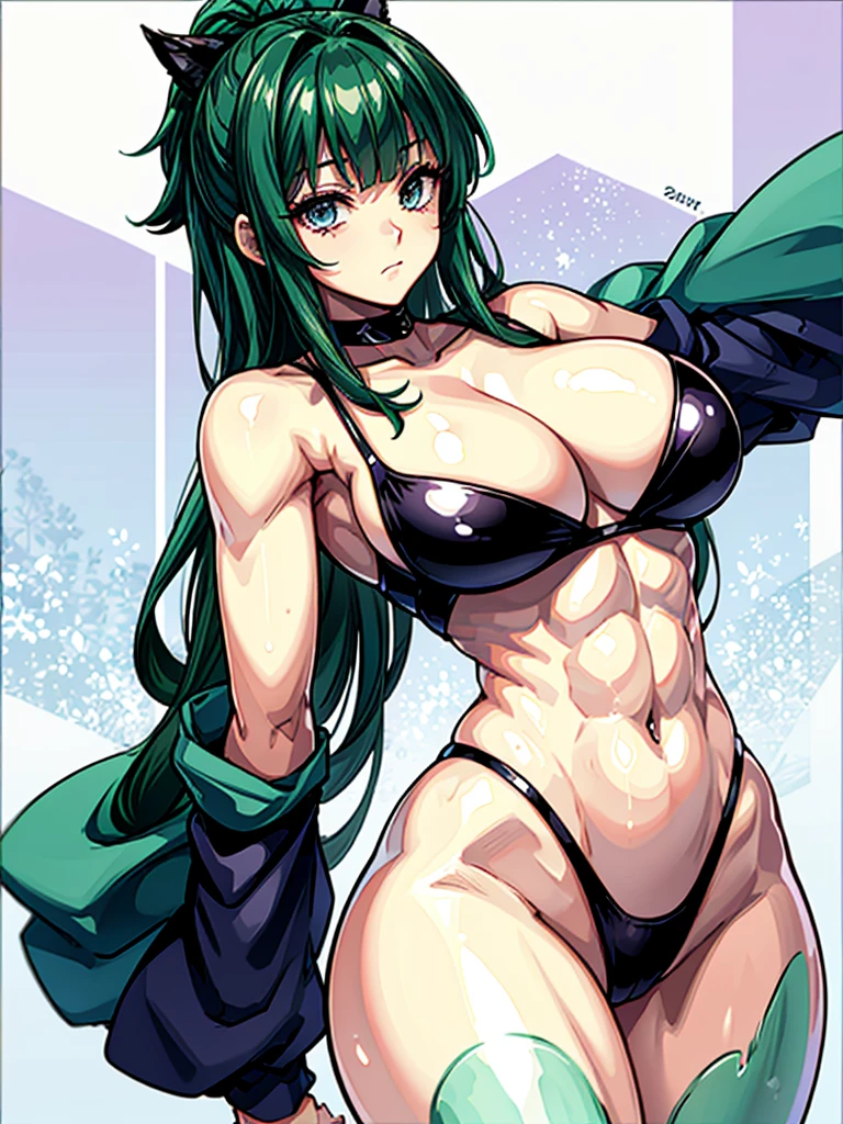 （（（masterpiece、Highest image quality、highest quality、highly detailed unity 8ｋwallpaper）））、（（Illustration of one girl））、（（（beautiful girl）））、（（green hair、pixie cut：1.3、sidelocks、purple eyes））、（stocky build, thickset physique, muscular legs, broad shoulders：1.2, solid chest：1.3）、swimsuit、sandy beach