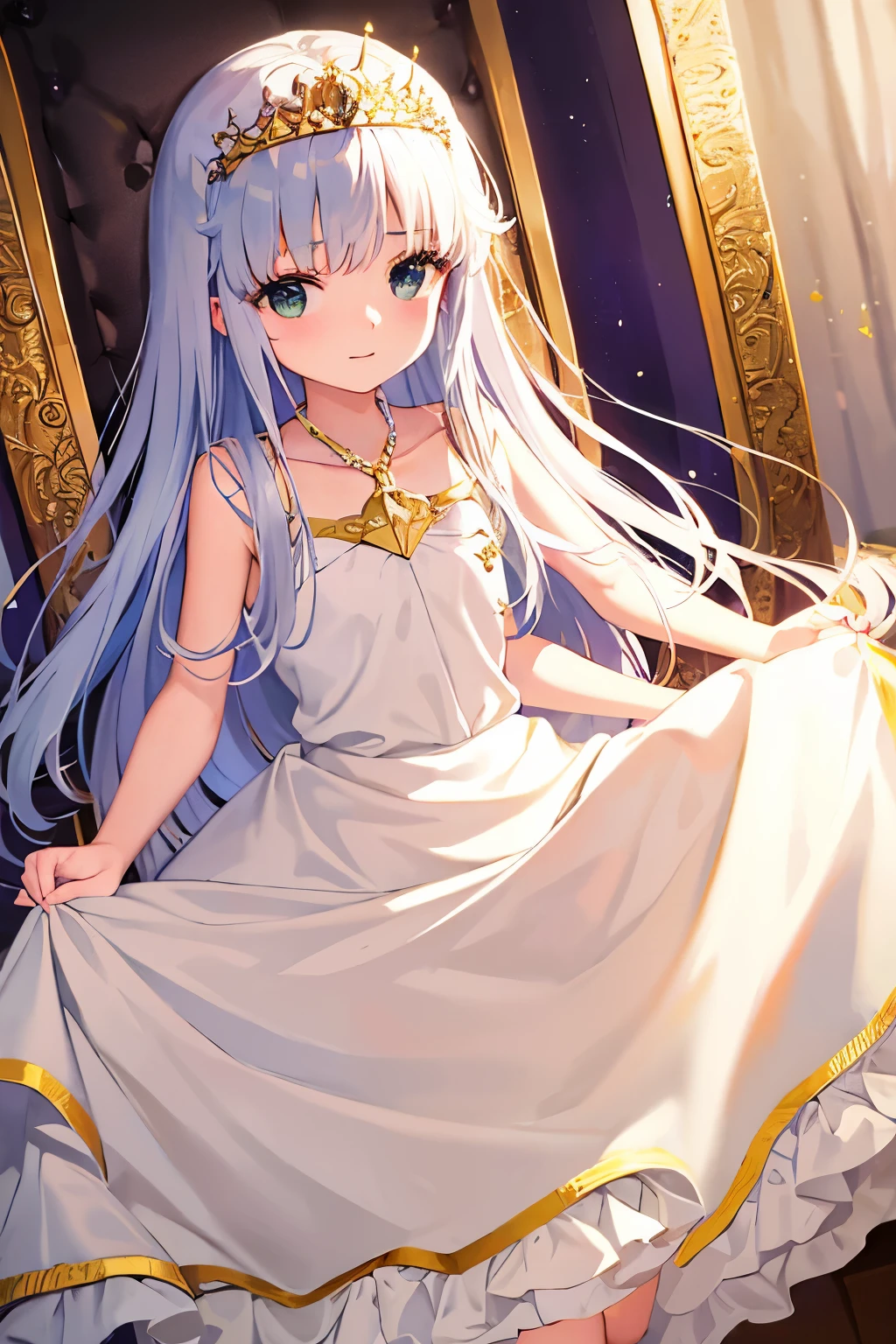 Cabello largo plateado, ojos verdes, petite, dress, white clothes, tiara, sonrisa, happy, muslos hermosos, sentada, piernas abiertas, white underwear, golden throne