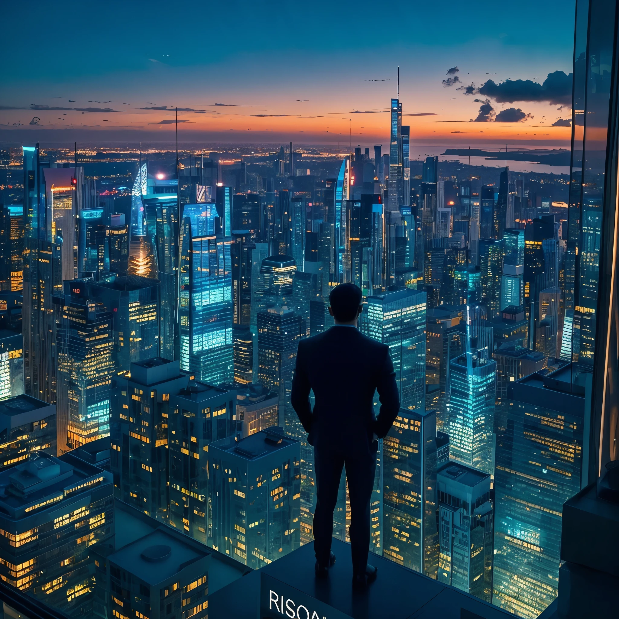 "Imagine a stunning scene of a successful businessman, standing out in a modern skyscraper with spectacular views of the city at dusk, surrounded by an aura of confidence and achievement. Detalhe a atmosfera com elementos que simbolizem prosperidade, as symbols of success, Rising graphics and an inspiring color palette that reflect business triumph. Describe it in a way that conveys a sense of accomplishment and determination, capturing the entrepreneurial spirit and professional excellence."