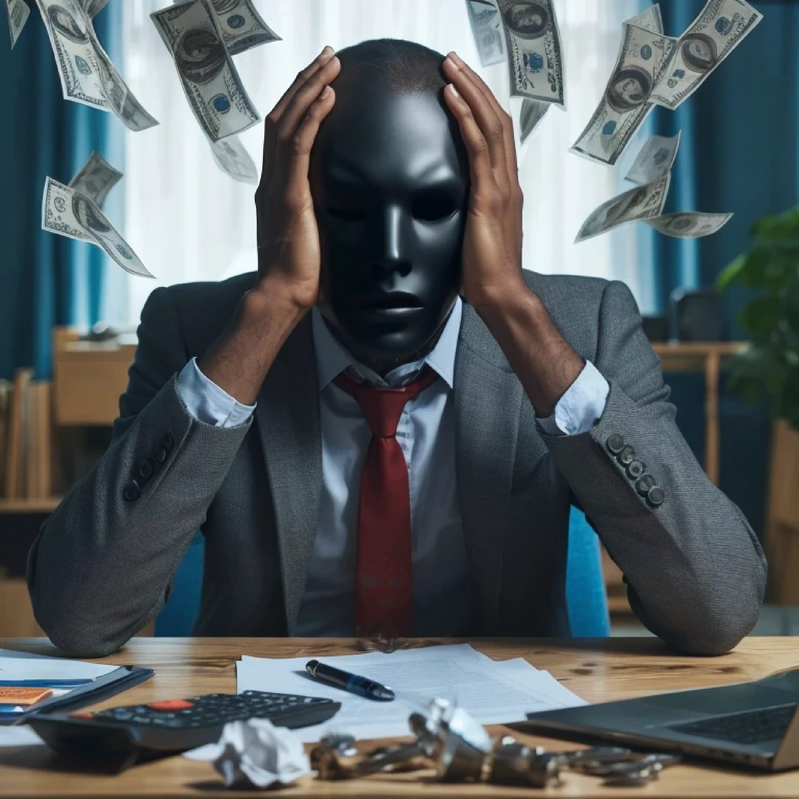 smart man in a suit sitting at a table with money falling from his head, white man with black fabric mask, viseira escura cobrindo o rosto, Taoshi, with a rosto coberto, pessoa mascarada no canto, sem rosto, black mask, cara preta, personification of greed, rosto coberto, viseira escura cobrindo os olhos, O metaverso criptografado, the mask is broken