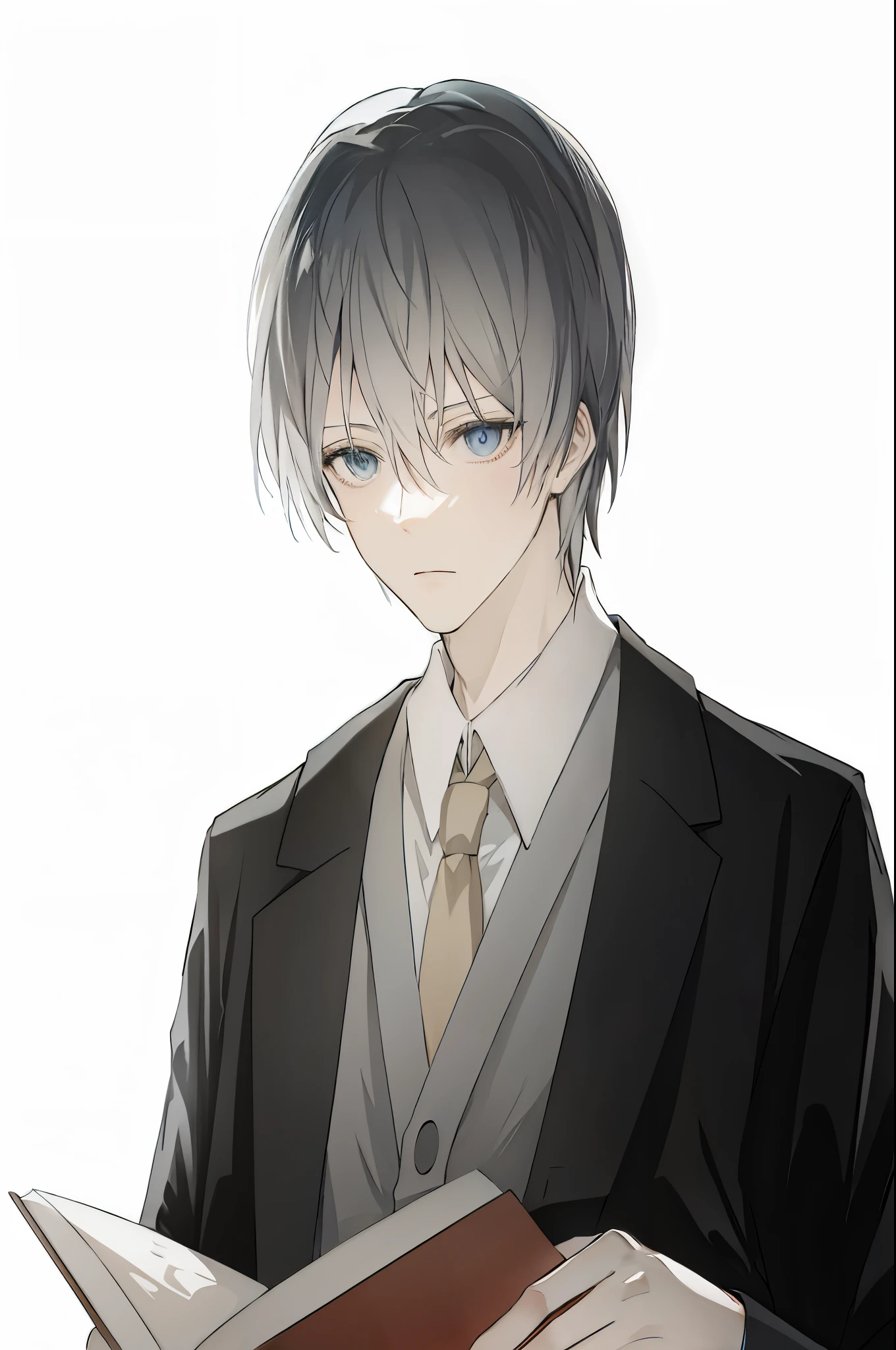 Cartoon image of a man in a suit holding a book, Tall anime character with blue eyes, he has dark gray hair, anime handsome guy, young anime man, as an anime character, blue eyes,Gray hair, male anime characters, Illustrations by Soejima Shigenori, beautiful boy, tie