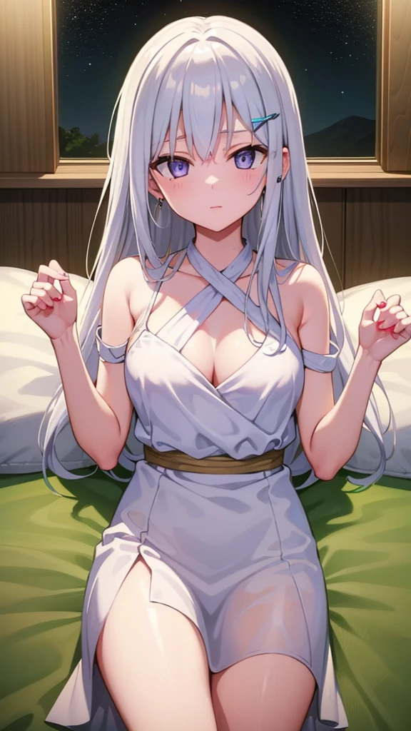 masterpiece, best quality, 1 solo girl, silver hair, purple eyes, wavy hair, long hair, medium breasts, mature body and face, white Greek tunic, jewelry, hair ornament, earrings, tatami, night sky, cowboy shots, sexy pose, dakimakura, detailed body, face, and eyes, sharp focus, vibrant, creative, dynamic, high definition, high resolution, 8k, (Upscale: R-ESRGAN 4x+ Anime6B), (Image enchance:4x), voluptuous body, lying in the bed